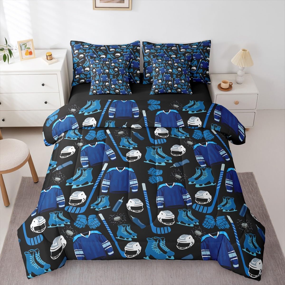 Erosebridal Ice Hockey Queen Comforter Set Sport Game 7 Pieces Bedding Winter Event Ball Bed Set with Sheets Kids Boys Men Bed in A Bag Bedroom Decor