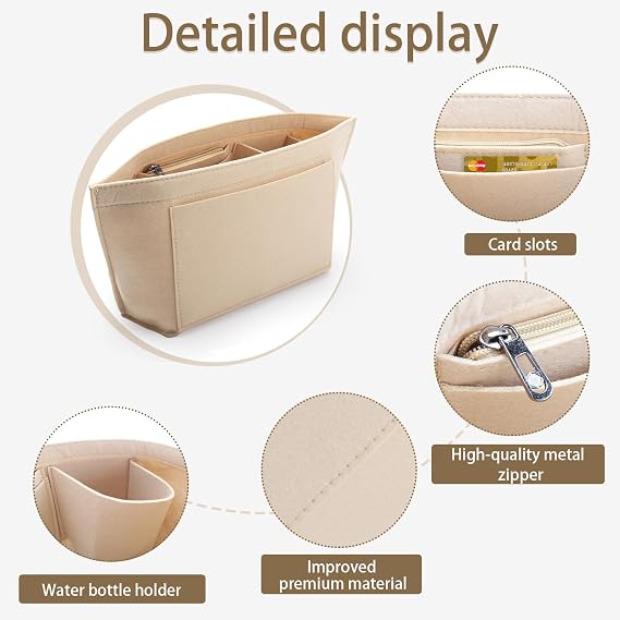 Bag Insert Organizer, Handbag Organiser Insert, Multi-Pocket Felt Handbag Organizer With Zipper for Insert Wallet Organizer, Folding Tote Bag Organizer Insert for Longchamp (Beige, L)