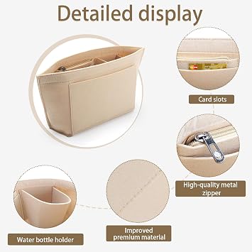 Bag Insert Organizer, Handbag Organiser Insert, Multi-Pocket Felt Handbag Organizer With Zipper for Insert Wallet Organizer, Folding Tote Bag Organizer Insert for Longchamp (Beige, L)