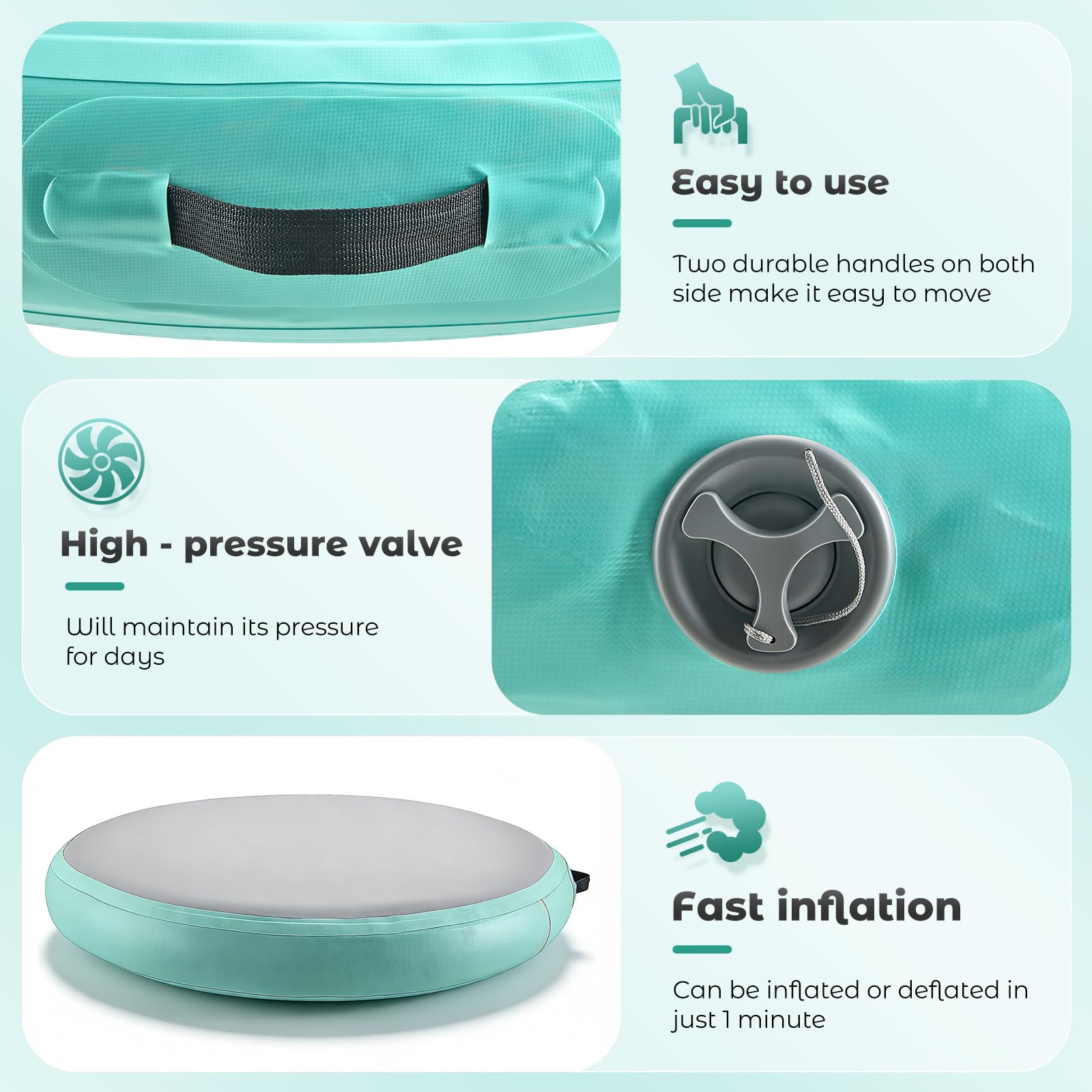 Colchoneta hinchable redonda, 90/100 cm, rollo de aire para gimnasia, material de PVC con 15 cm de grosor, incluye bomba de aire eléctrica