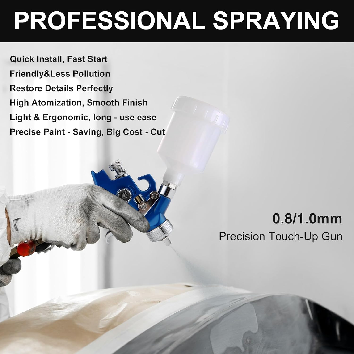 Mini HVLP Air Spray Gun with 0.8/1.0 mm Nozzles, Detail Repair Automotive Paint Gun Kit, 125ml Cup, Auto Paint Sprayer, Small Paint Gun for Car, Primer, Varnish and Top Coat (Blue)