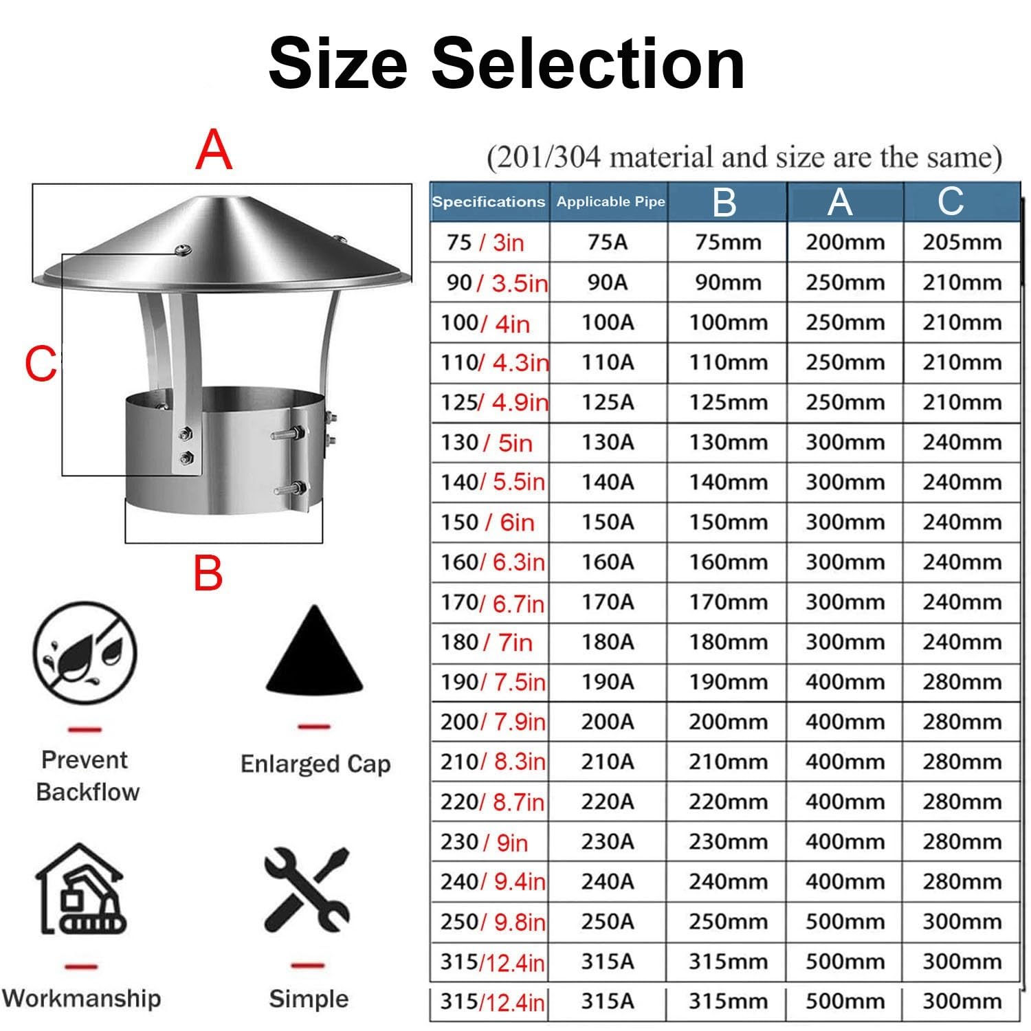 Tapa de chimenea de acero inoxidable, tapa de lluvia redonda para ventilación de escape, cubierta de techo resistente a la intemperie, compatible con tubos de estufa de 3 a 8 pulgadas para uso en