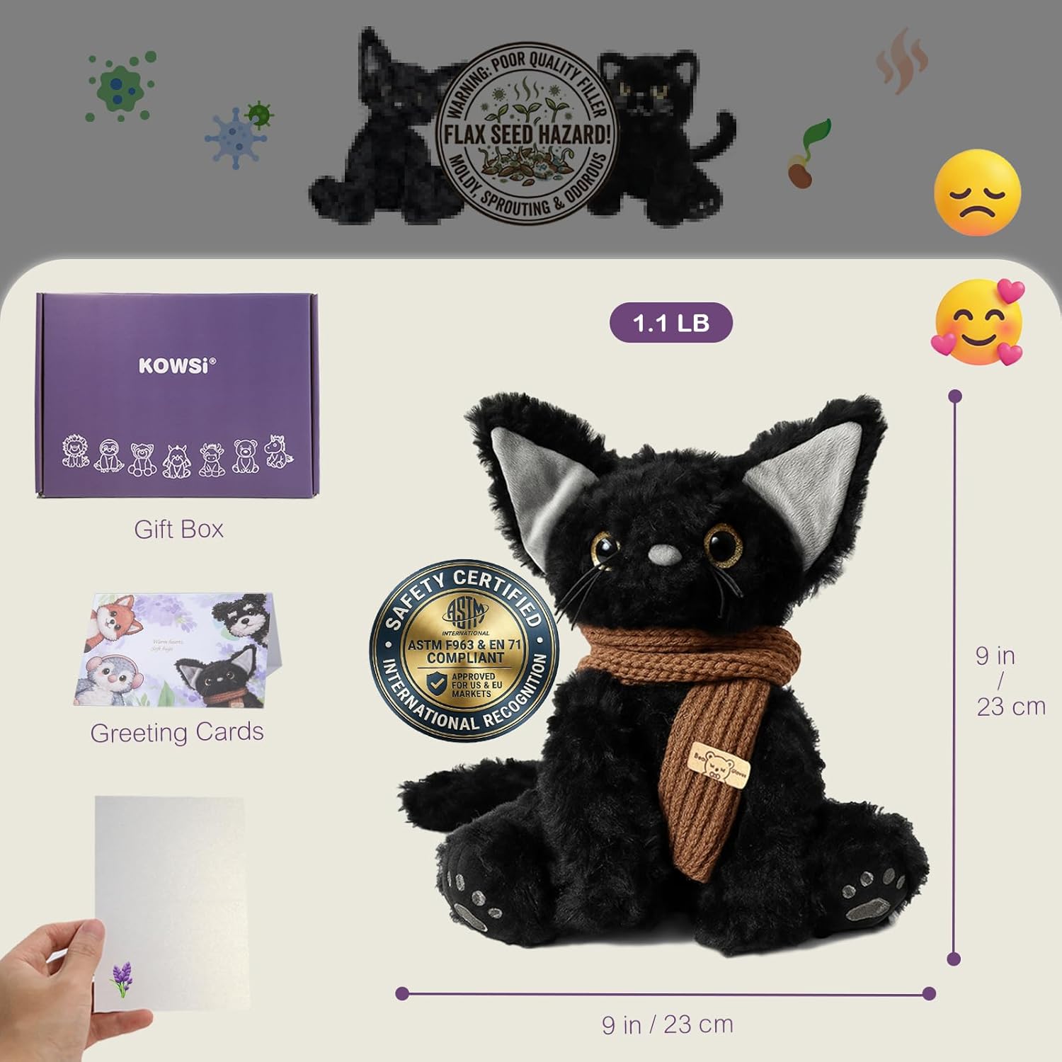 KOWSI® Microwavable Heating Pad Black Cat Plush - Weighted Stuffed Animal Toy with Tourmaline Beads & Lavender - 1 lb for Long Lasting Cozy Warmth & Relaxation - Includes Gift Box & Greeting Card