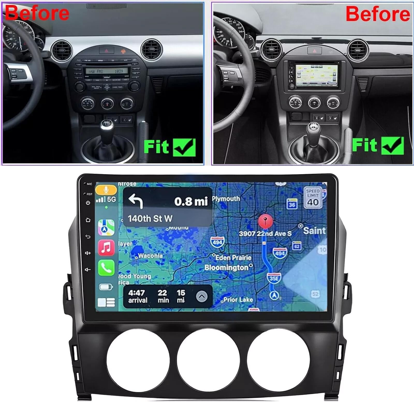 9 Zoll Android Doppel Din Autoradio für Mazda MX-5 2005-2021 mit Wireless Carplay Android 14, 4+64G Touchscreen Display DAB+ Radio Bildschirm Bluetooth GPS Navi AHD Rückfahrkamera FM/RDS SWC