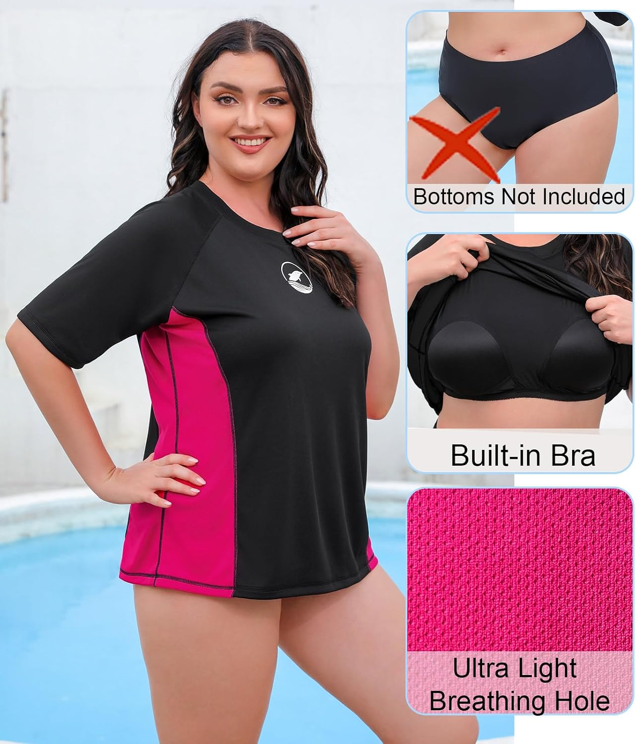 Halcurt Women's Plus Size Short Sleeve Rash Guard Swim Shirt with Built in Bra UPF50+ Lightweigt Swimsuit Top