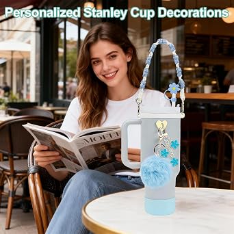 7PCS Stanley Cup Accessories Set for 30oz 40oz Tumbler,Including Silicone Stanley Cup Boot Straw Cover, Round Plush Charm, Water Bottle Handle Strap&Tumbler Charms Decorations (Blue)