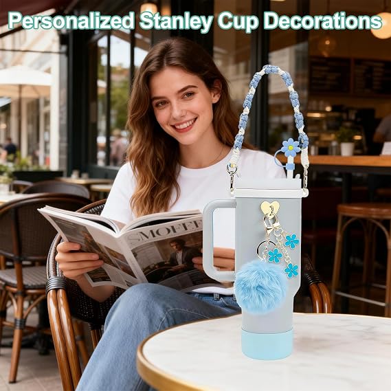 7PCS Stanley Cup Accessories Set for 30oz 40oz Tumbler,Including Silicone Stanley Cup Boot Straw Cover, Round Plush Charm, Water Bottle Handle Strap&Tumbler Charms Decorations (Blue)