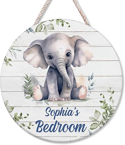 Hyturtle Letrero personalizado de elefante, letrero personalizado de bosque, nombre del niño, letrero de puerta de niños, decoración de pared de