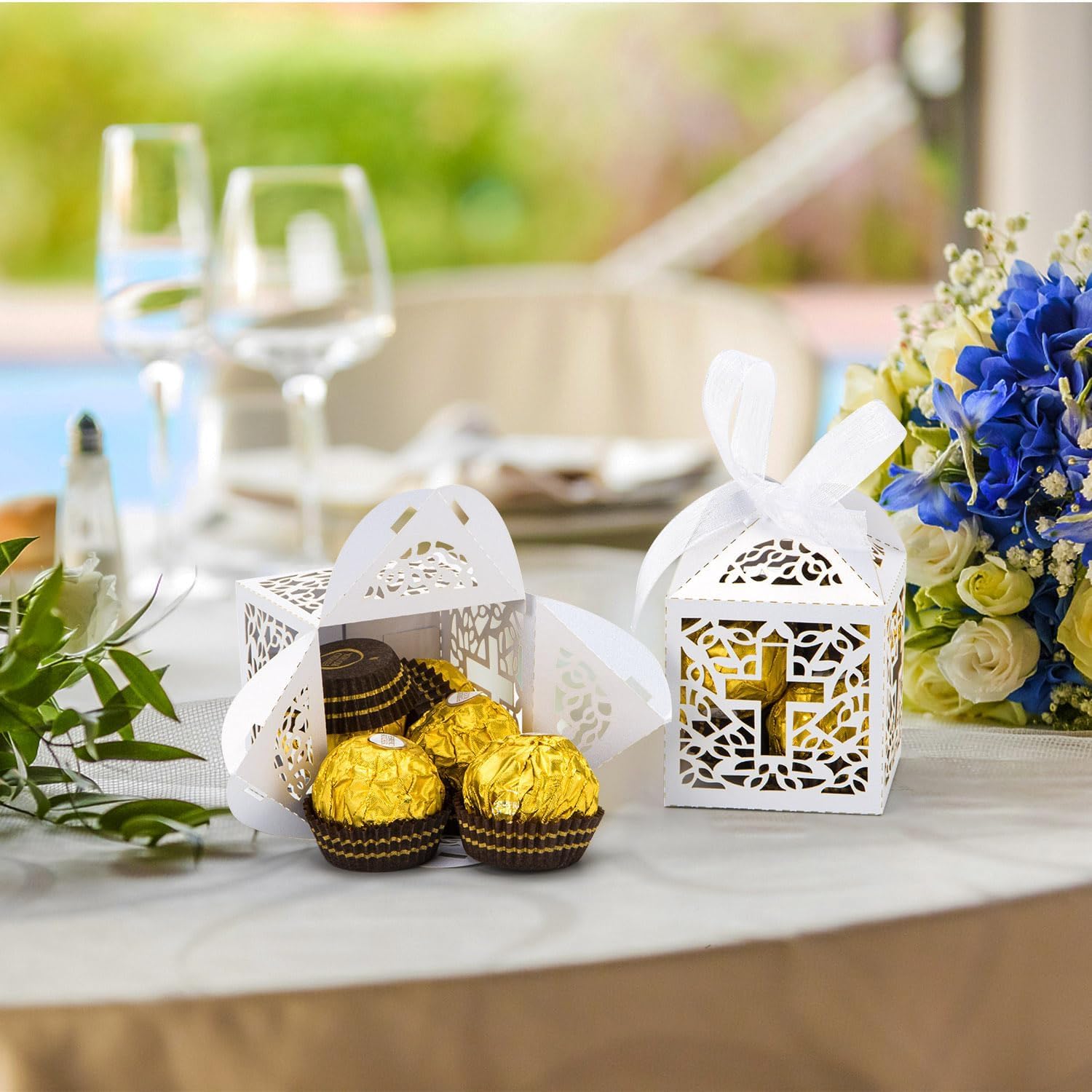 50PCS Baptism Favor Boxes, 2.2''x2.2''x2.2''Laser Cut Favor Boxes with 50 Ribbons for Baby Shower Favors Baptism Decorations First Communion Party (White) - Image 4