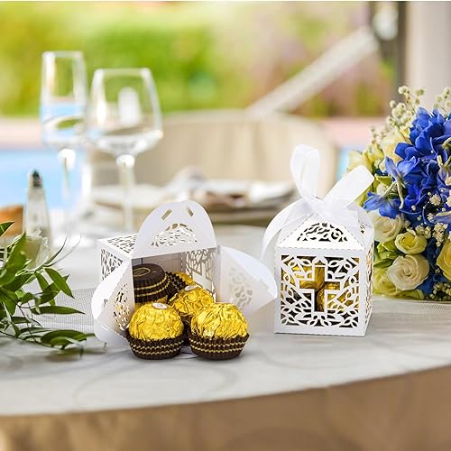 Miniatura 4 de Juego de 50 cajas de regalo con corte láser para bodas y fiestas con lazo