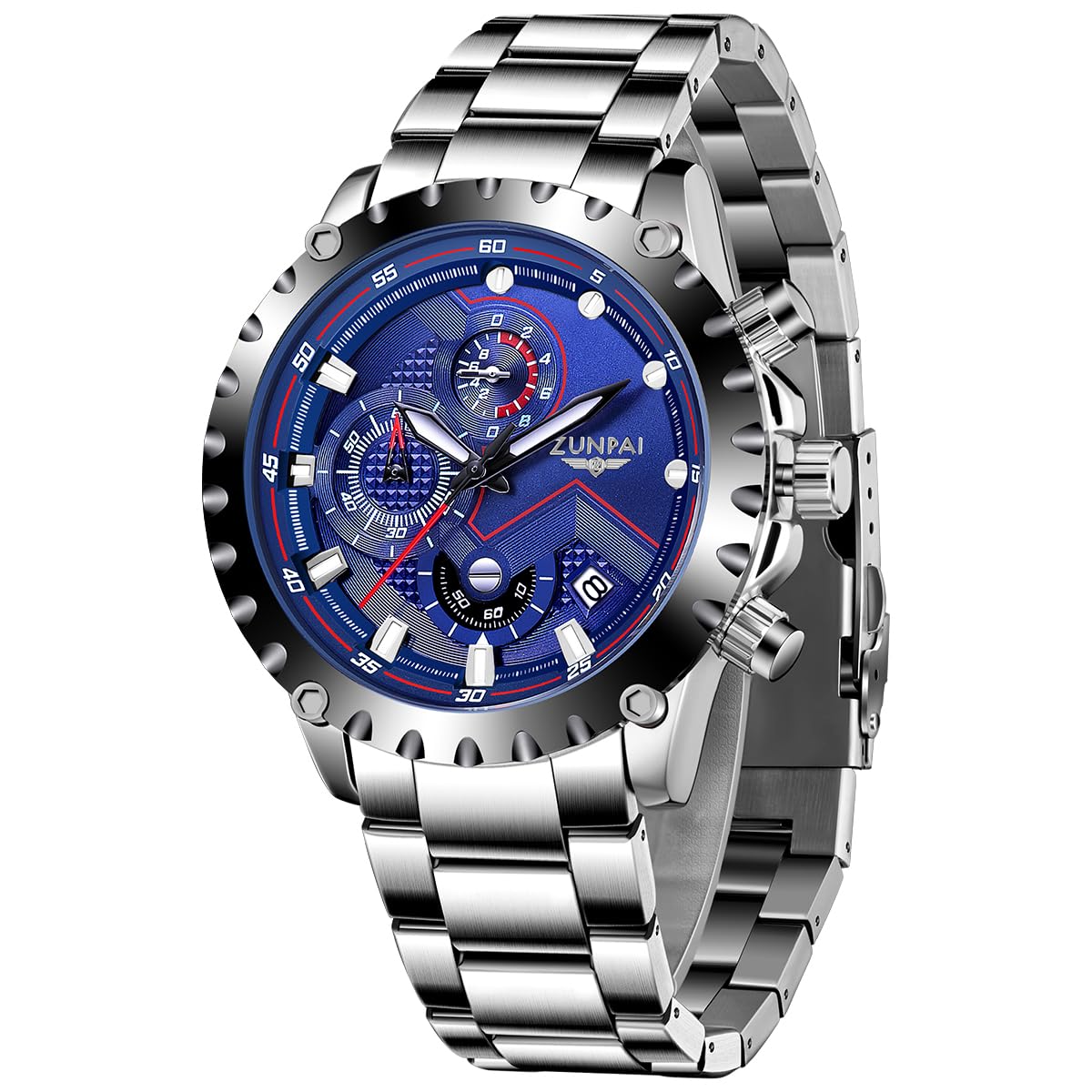 ZUNPAI Watches for Men Business Dress Quartz Wristwatch Stainless Steel Strap Analog Waterproof with Luminous Calendar (