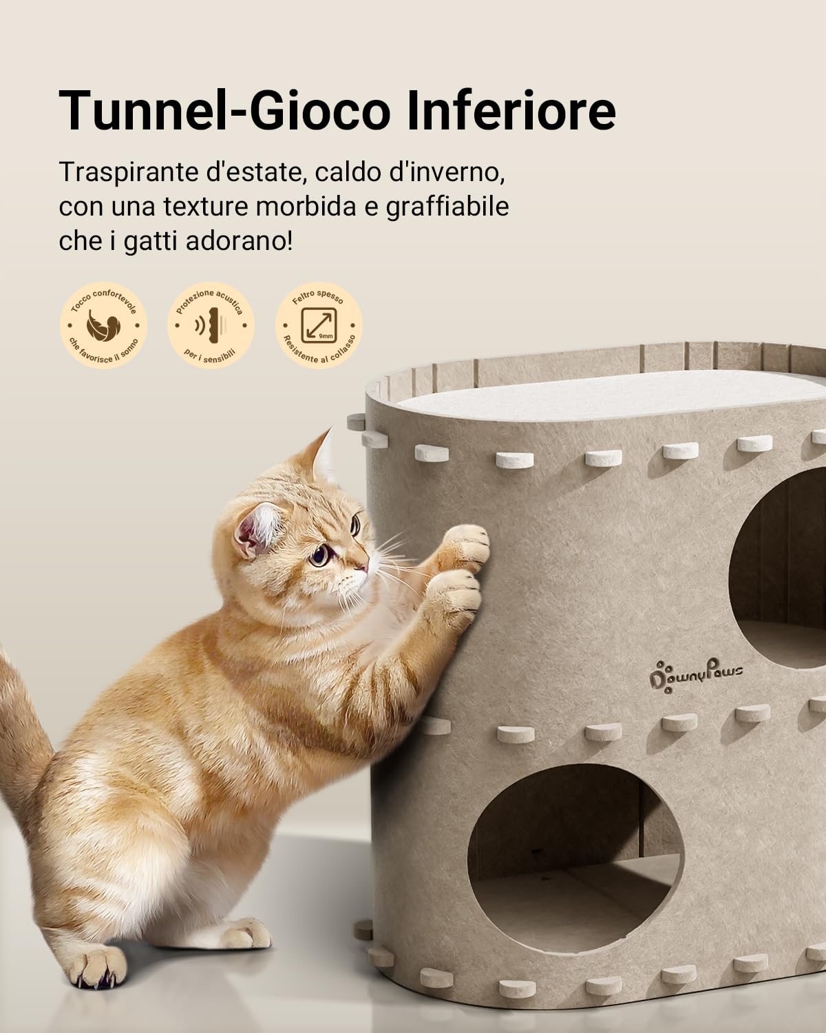 DownyPaws Cuccia per Gatti in Pelliccia, Letto a 2 Piani Casetta per Gatti 50x33x50 cm, Castello per Giocare, Design Accogliente, Protezione per le Unghie, Beige
