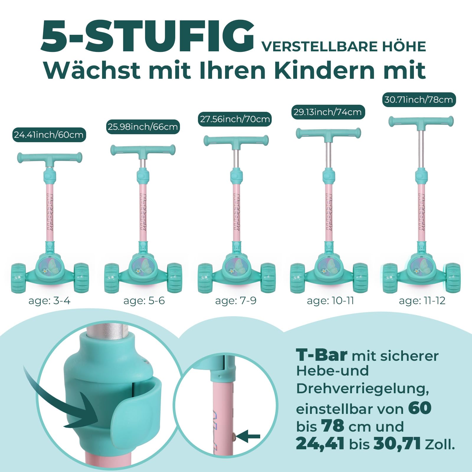 Nattork Scooter Kinder Roller, 3 Räder Kinderroller mit Breitem Rutschfestem Deck und T-Bar-Griff, Balance-Trainings-Roller mit Höhenverstellbarer für Kinder ab 3 Jahren, Maximale bis zu 100kg