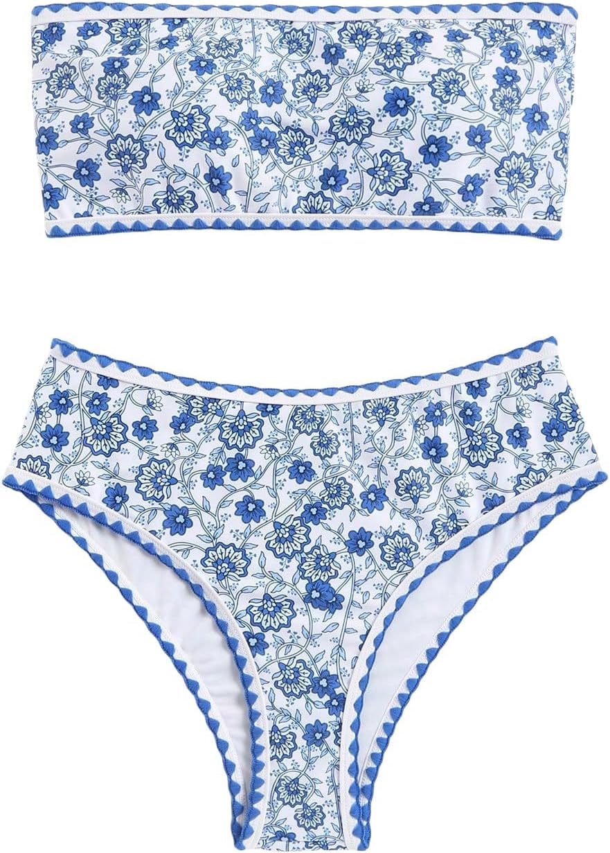 WDIRARA Women's Floral Print Strapless Lace Up Bikini Swimsuit 2 Piece Bathing Suit