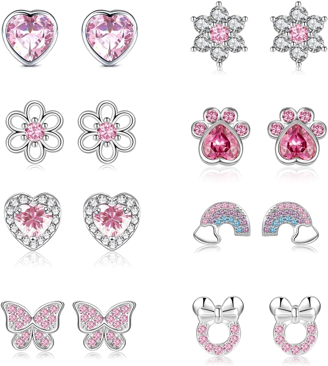 LOUMILEO Sterling Silver Stud Earrings for Women - S925 Cubic Zirconia Hypoallergenic Set for Girls - 8 Pairs Cute Cat Butterfly Heart Small Studs
