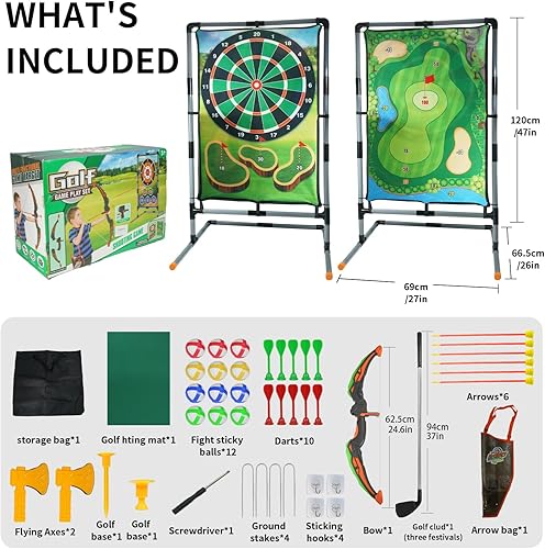 Miniatura 5 de Juego de astillado de golf con soporte, juego de práctica de golf multideportivo con tiro con arco, hacha, dardos, alfombrilla de golpeo de doble