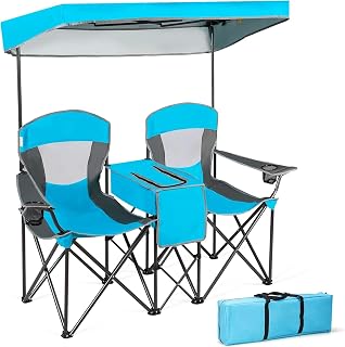 GIANTEX Silla de Camping con Toldo para 2 Partes, Plegable, con Minimesa, Bolsa Nevera y Soporte para Bebidas, Silla Plegable para 2 Personas, Silla de Pesca en Bolsa (Azul)