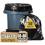 Tasker Contractor Garbage Bags 55 Gallon, 3 Mil Black Contractor Garbage Bag (50 Bags w/Ties) Large 55 Gallon Trash Bags Heavy Duty Liners, Extra Large Trash Liners for Construction, Industrial Bag