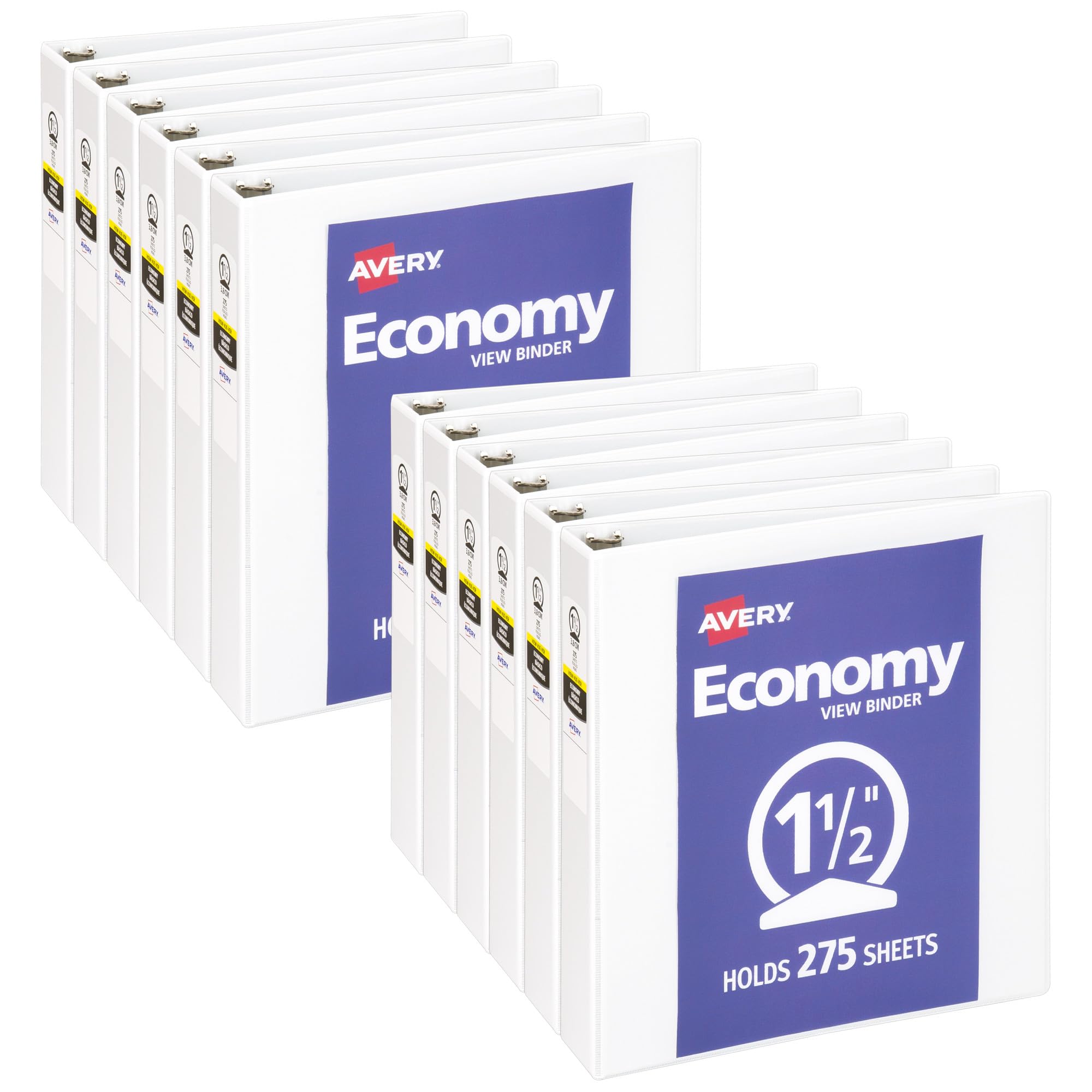 Avery Economy View 3 Ring Binders, 1.5" Round Rings, 275-Sheet Capacity, 2.1 Inch Wide Spine, Great for Home, School Supplies, Office, or Organization Needs, White Binders (12-Pack of 05726)