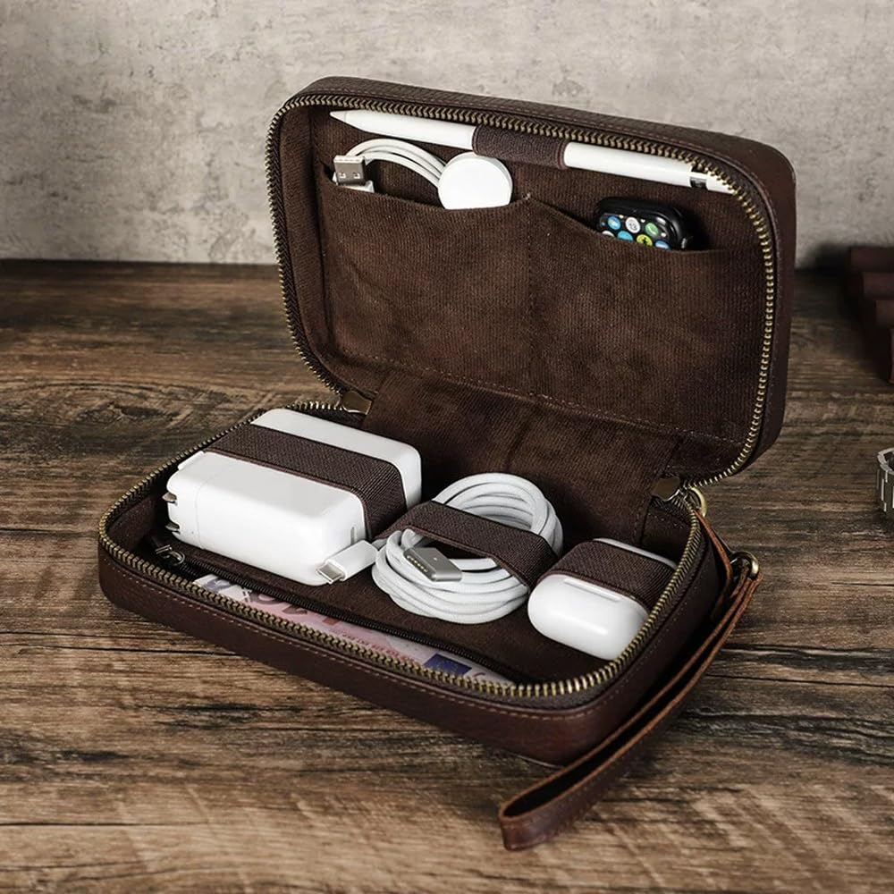 Custodia organizer for cavi da viaggio in pelle Accessori elettronici multifunzionali Borsa da trasporto con cerniere Borsa tecnica for cavi, Power Bank