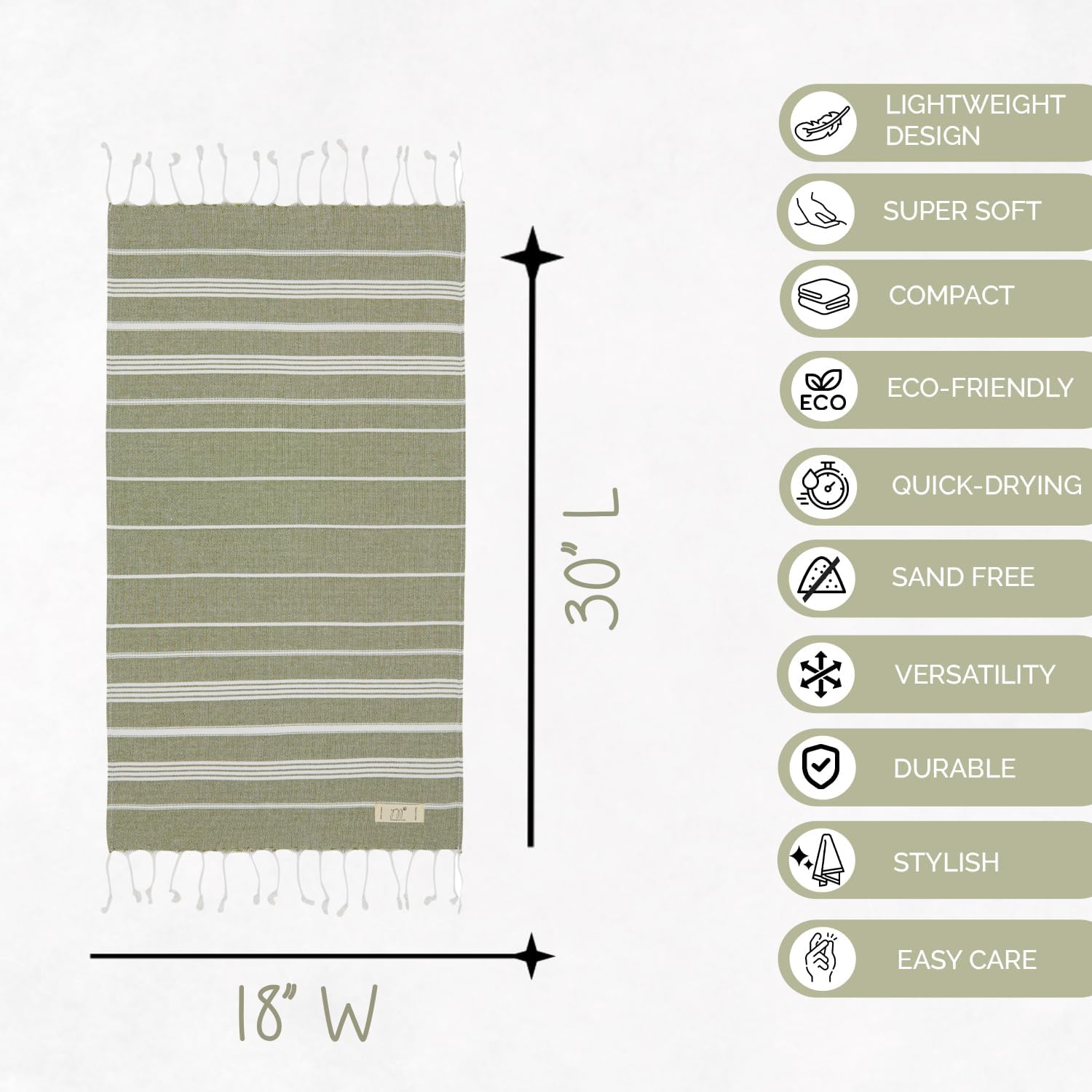 Hand Towels - Set of 2, 18" x 30" inches, Turkish Cotton owels for Bathroom Kitchen, Gym Towels - Thin Light Compact Travel Towels (Army Green) - Image 3