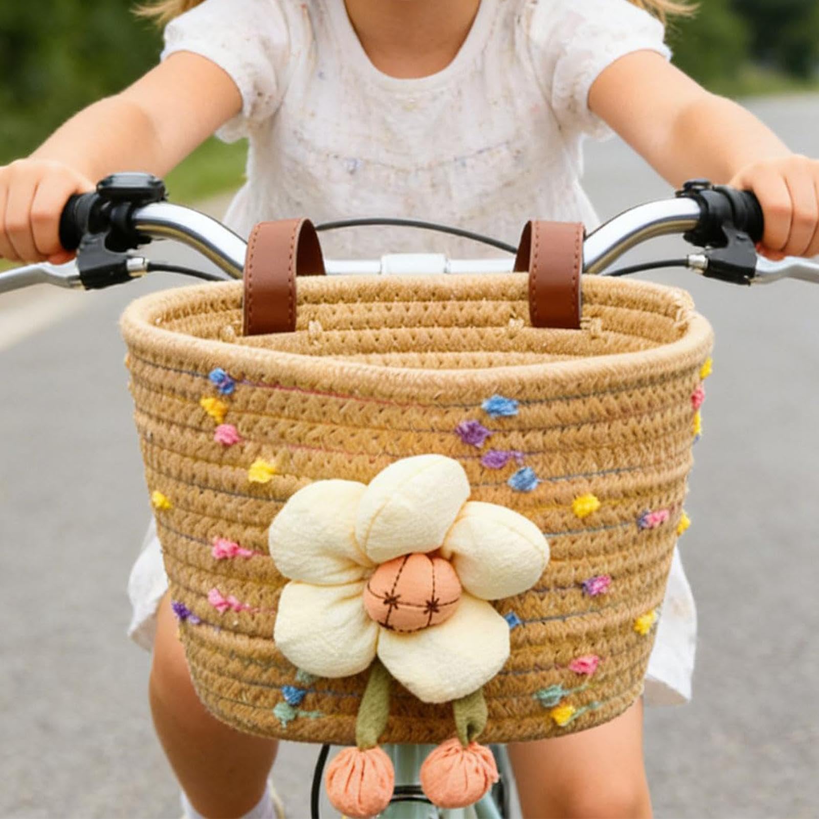 Kids Bicycle Basket - Hand Woven Cotton Rope Plush Flower, Kids Small Bicycle Basket for Scooters, Tricycles, Balance Bikes, Beverages Keys Small Toys Storage Front Handle Use