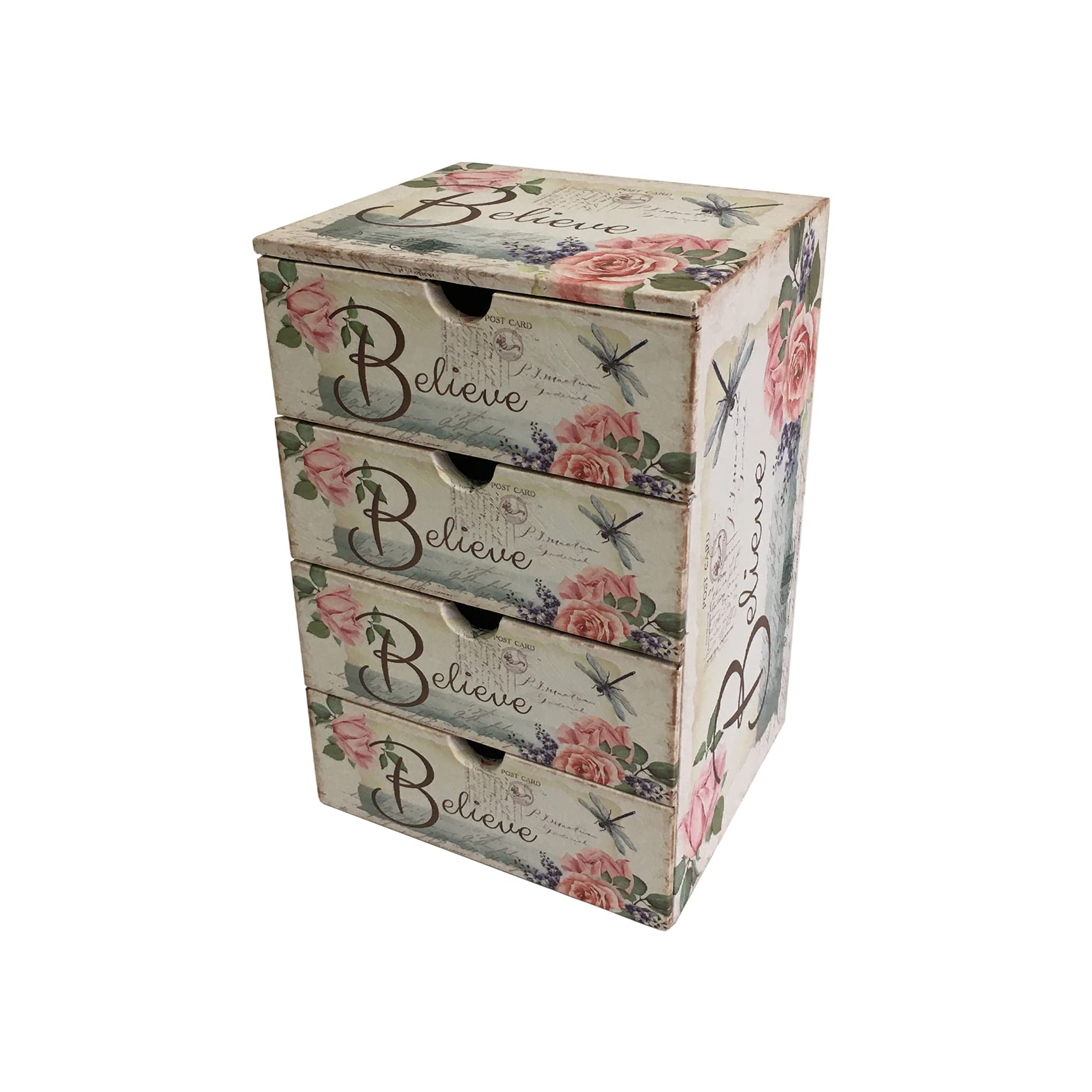 Rebecca Mobili Cassettiera Da Tavolo, Organizer Porta Gioielli, Mdf Canvas, 4 Cassetti Bianco Shabby Rosa, Organizzazione Trucchi Bijoux - Misure: 32 x 16 x 20 cm (HxLxP) - Art. RE6626