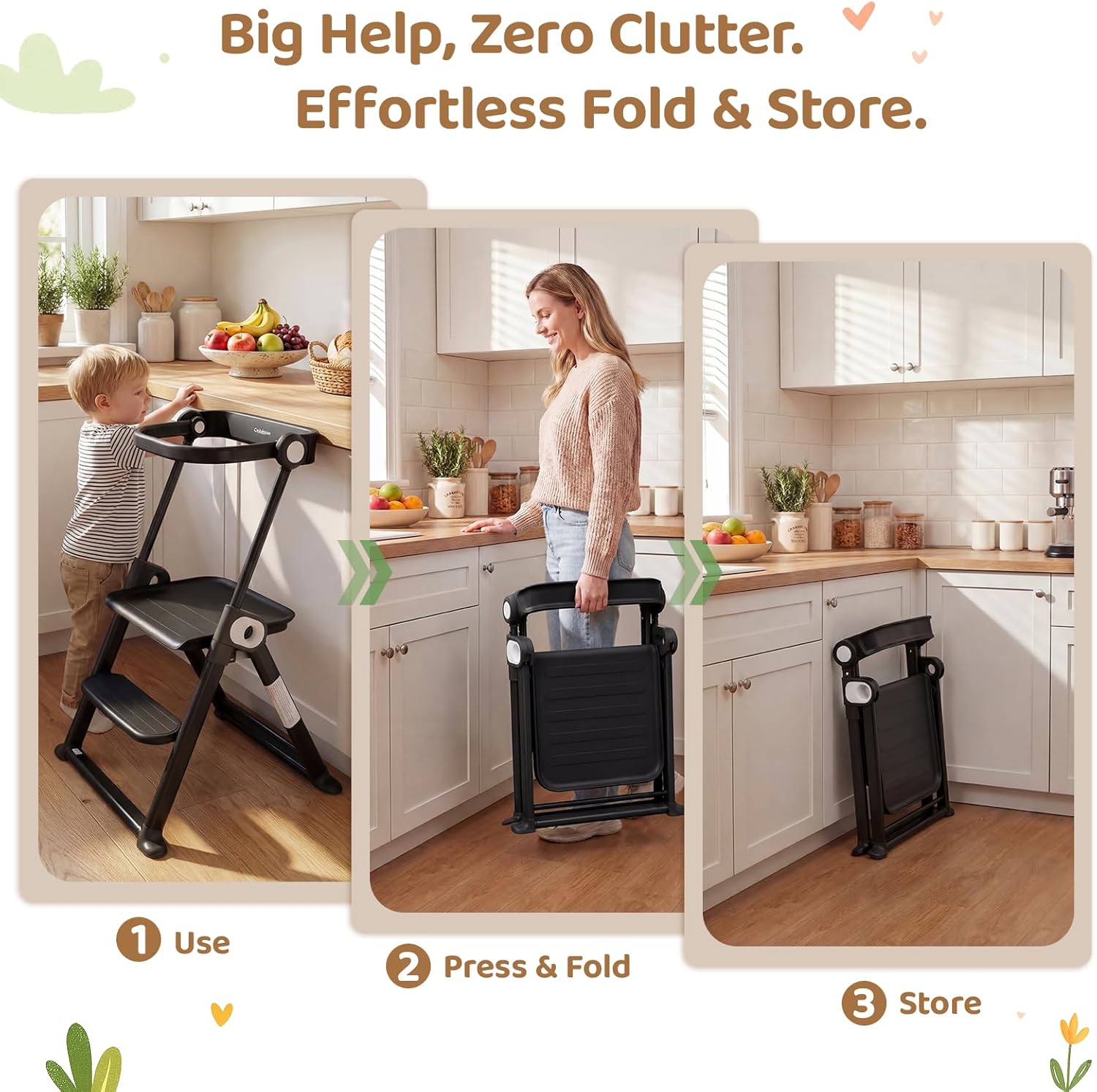 Cowiewie Toddler Tower, Foldable Adjustable Kitchen Step Stool, Montessori Learning Helper for Sink & Counter, Ages 18 Months to 4 Years, CPC Certified, Black