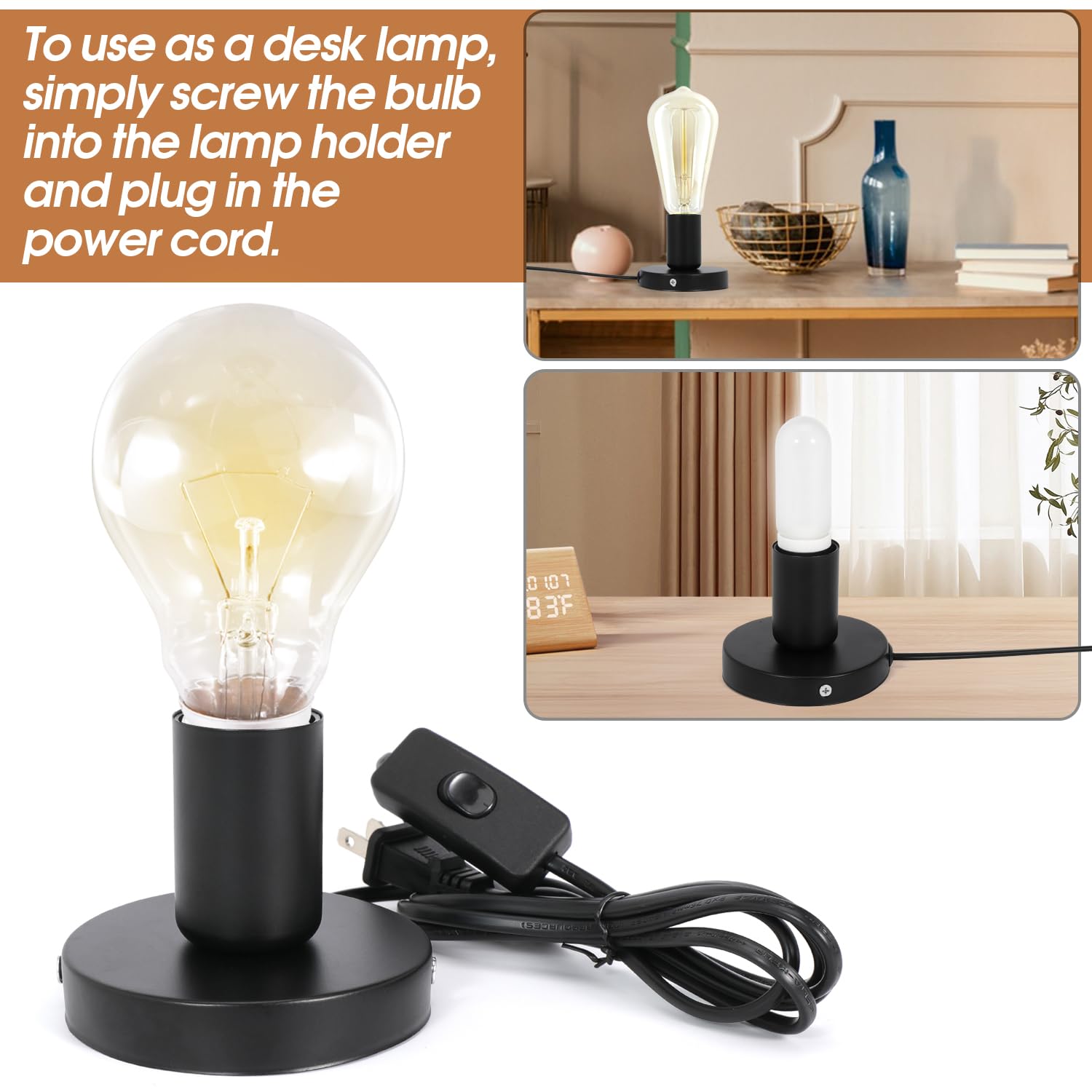 6Pcs Desktop Lamp Base Light Base Socket Screw Light Bulb Holder Base with 6 Feet Cord on Off Switch Plug for Holding Bulb for Your Night Light