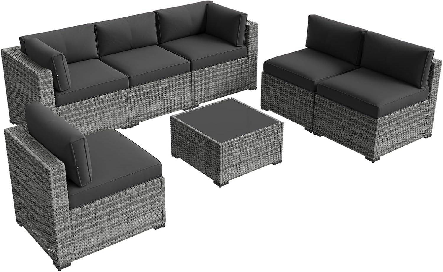 Una antena view of the Aoxun patio furniture set arranged in a modular fashion on a patio, demonstrating flexible layout options.