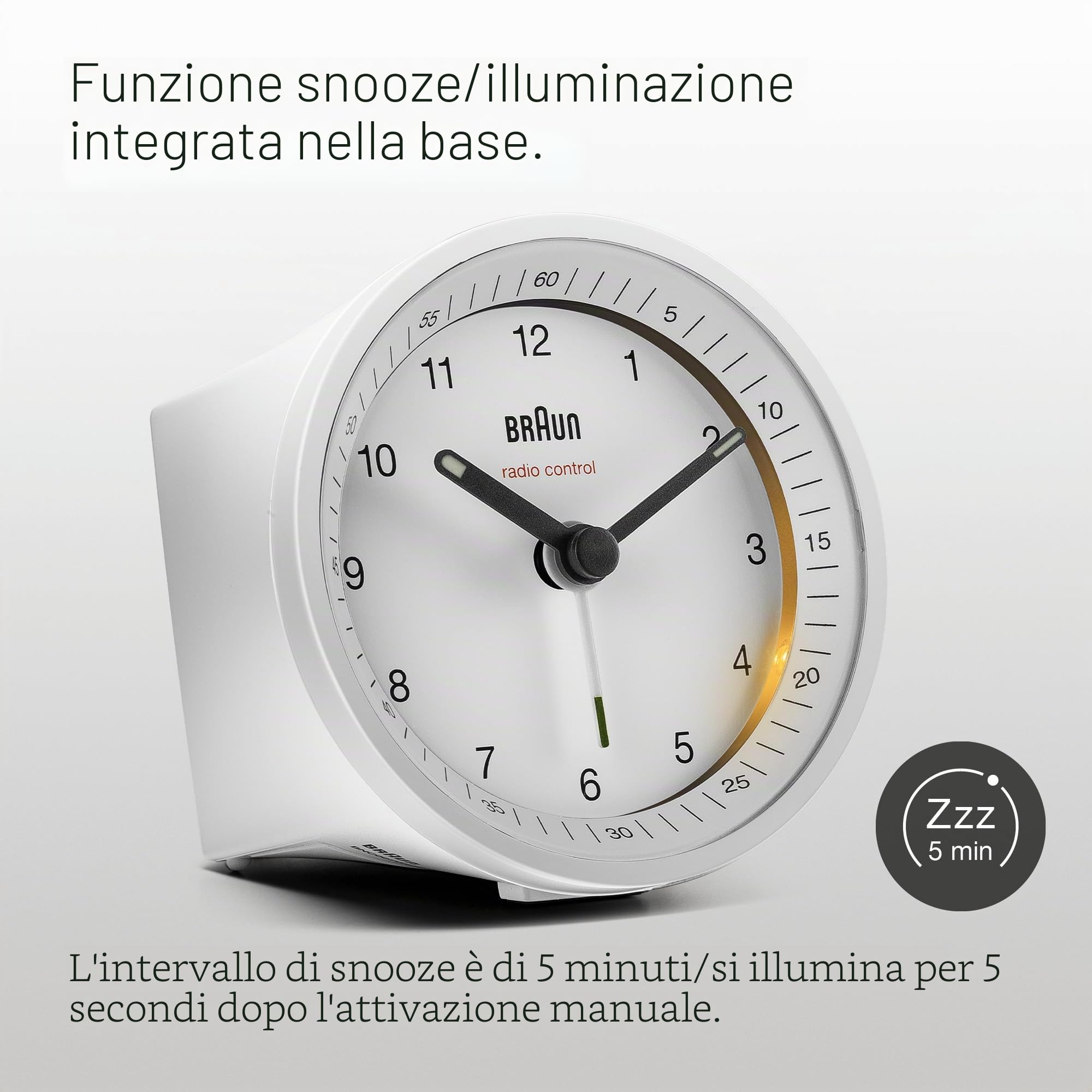 Braun Orologio Sveglia Classico Analogico Radio controllato per Fuso Orario Europa Centrale (DCF/GMT+1) con Funzione Snooze e Luce, Suono Sveglia Beep con crescendo, Bianco, BC07W-DCF