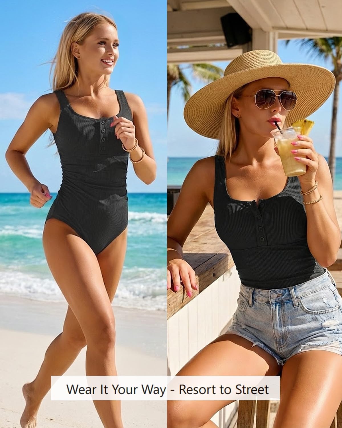 Daci Women Ribbed One Piece Swimsuits Tummy Control Full Coverage Bathing Suit Cute Button Up Ruched Modest Swimwear - Image 7