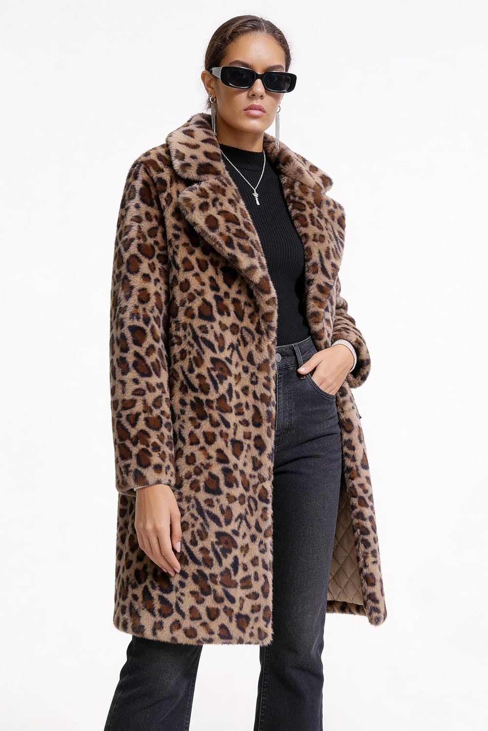 Women's Faux Fur Coat Teddy Fuzzy Fleece Open Front Elegant Lapel Collar Long Sleeve Longline Loose Jacket - Image 2