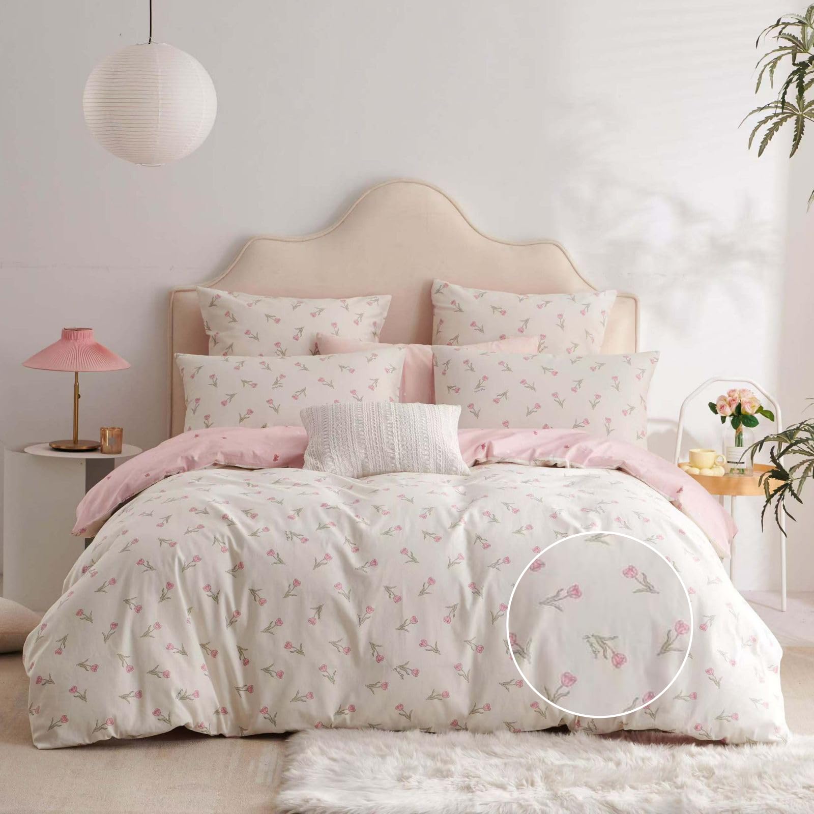 Freyamy Blumen Bettwäsche 135x200cm 4teilig Baumwolle Weiß Rosa Grün Floral Blätter Pflanzen Bettwäsche Mädchen Bettbezug 2 Bettdeckenbezüge mit Reißverschluss und 2 Kissenbezug 80x80cm