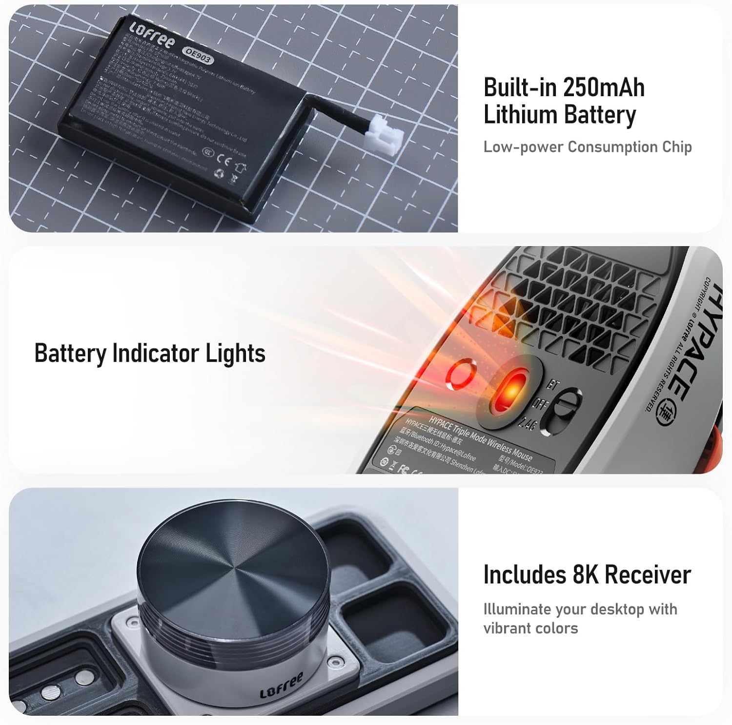 LOFREE Hypace Ultra-Lightweight Wireless Gaming Mouse, 47g, PAW3950 Sensor, 40K DPI, 8K Polling Rate, Mg Alloy Frame, Tri-Mode(Bluetooth/2.4GHz/Wired), 100Hrs Battery for PC/Mac (Crayon Grey)