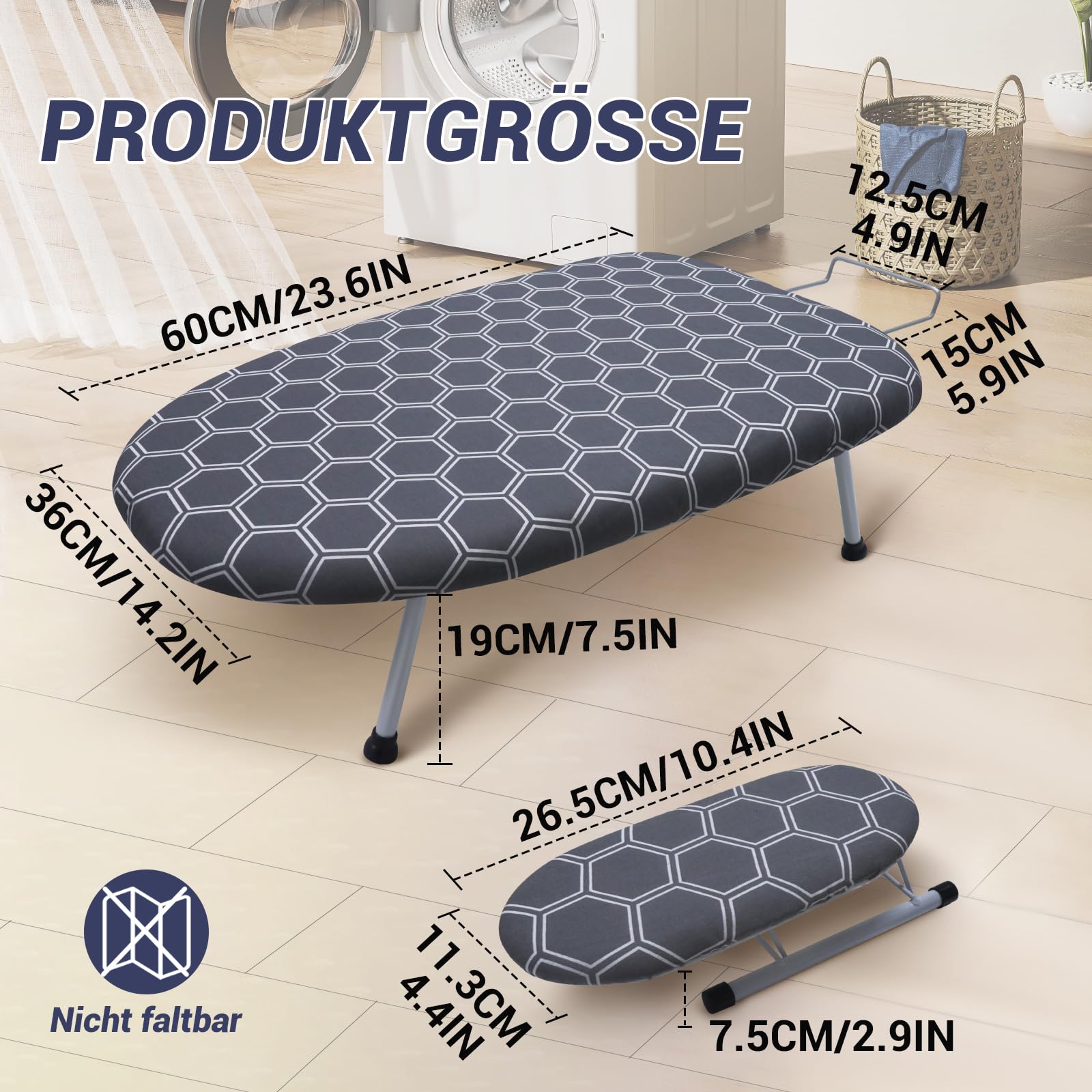 SUNDOY 60 x 36 cm, asse da stiro da tavolo, con supporto per ferro e manicotti per camicie, rete di plastica ispessita con imbottitura di 5 mm e rivestimento in cotone