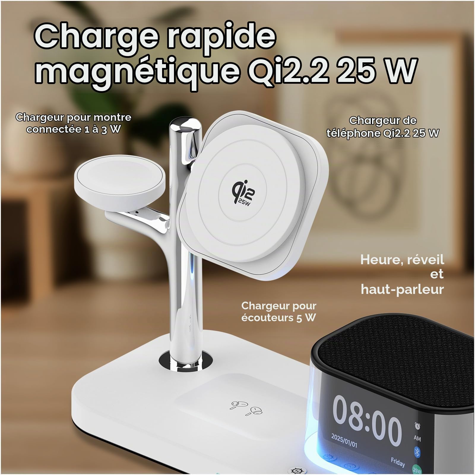 Chargeur sans Fil 5-en-1 avec Réveil, Haut-Parleur Bluetooth & Veilleuse LED pour MagSafe par MMOBIEL – Station de Charge sans Fil Qi2.2 25W pour iPhone, Apple Watch & AirPods – Blanc