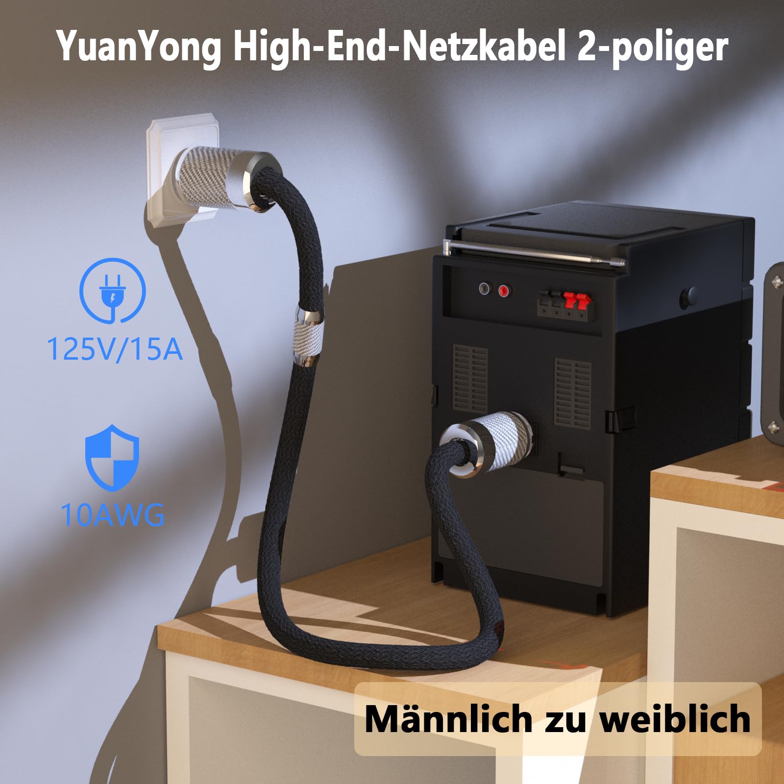 Audiophile HiFi-Netzkabel, HiFi Stromkabel 10AWG EU-Netzkabel,NEMA 5-15P IEC320-C15-Weiblicher Anschluss,125V/15A für Lautsprecher,Subwoofer, Plattenspieler,Verstärker,DAC(Kohlefaser, 1,0M/ 3,3 Fuß)