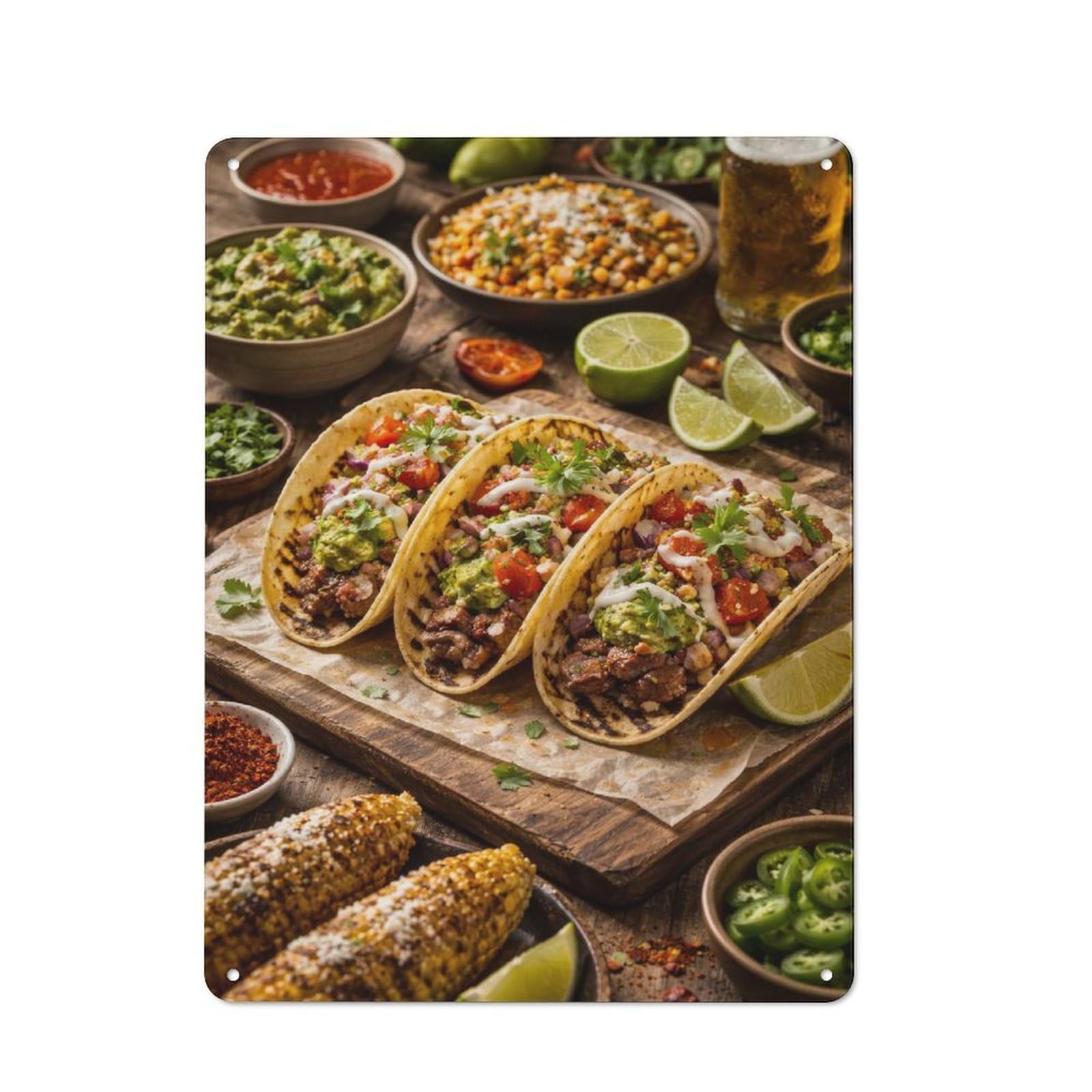 Tacos with Corn And Beer Workshop Style Metal Wall Decor 40x30cm, Decorative Metal Plaque for Garage, Workshop, Shed Or Utility Room