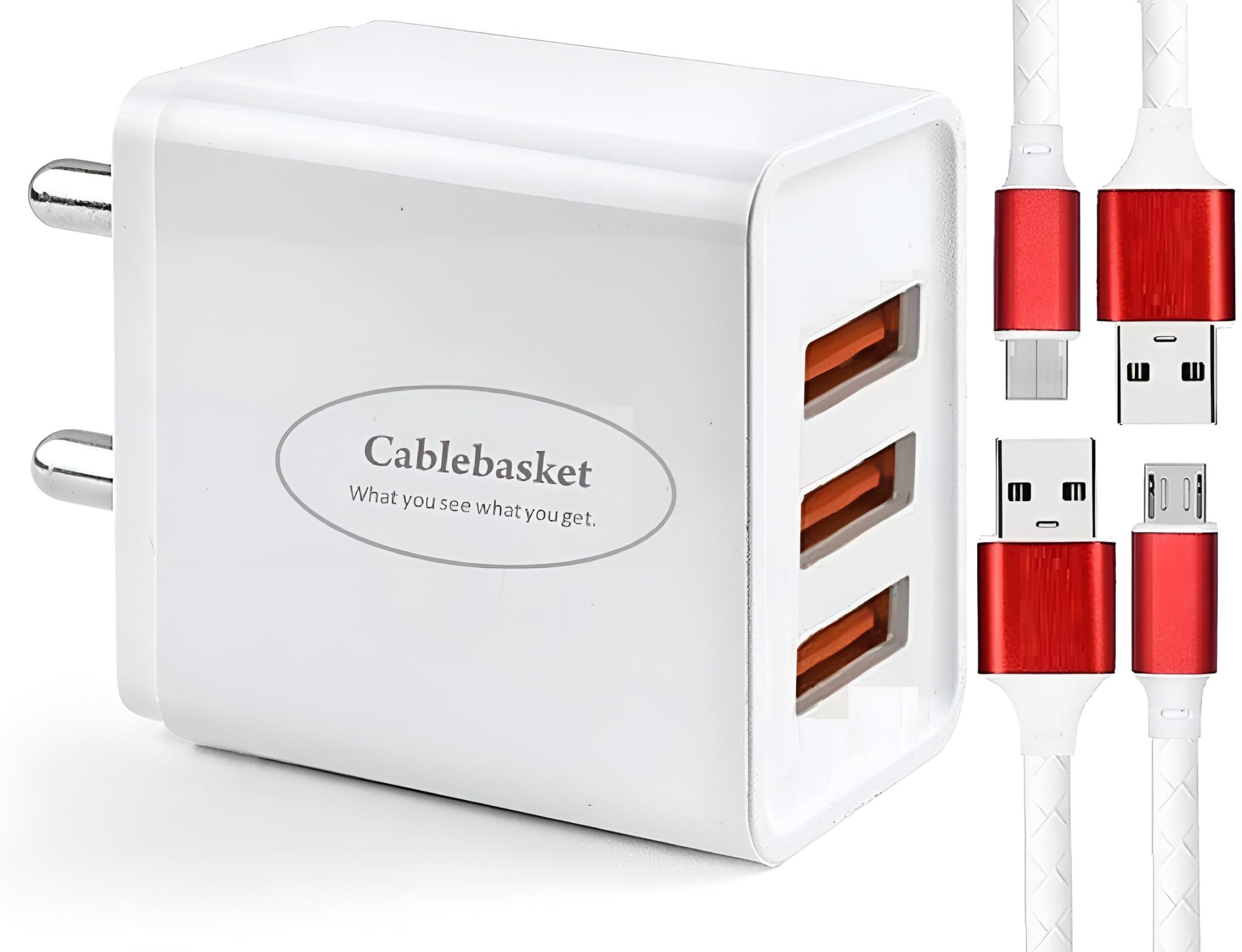 cablebasket Fast Charger 3 USB Port 3.1 amp Wall Charger Adapter for Android Phones with Type c and Micro USB Charging Cable (White)