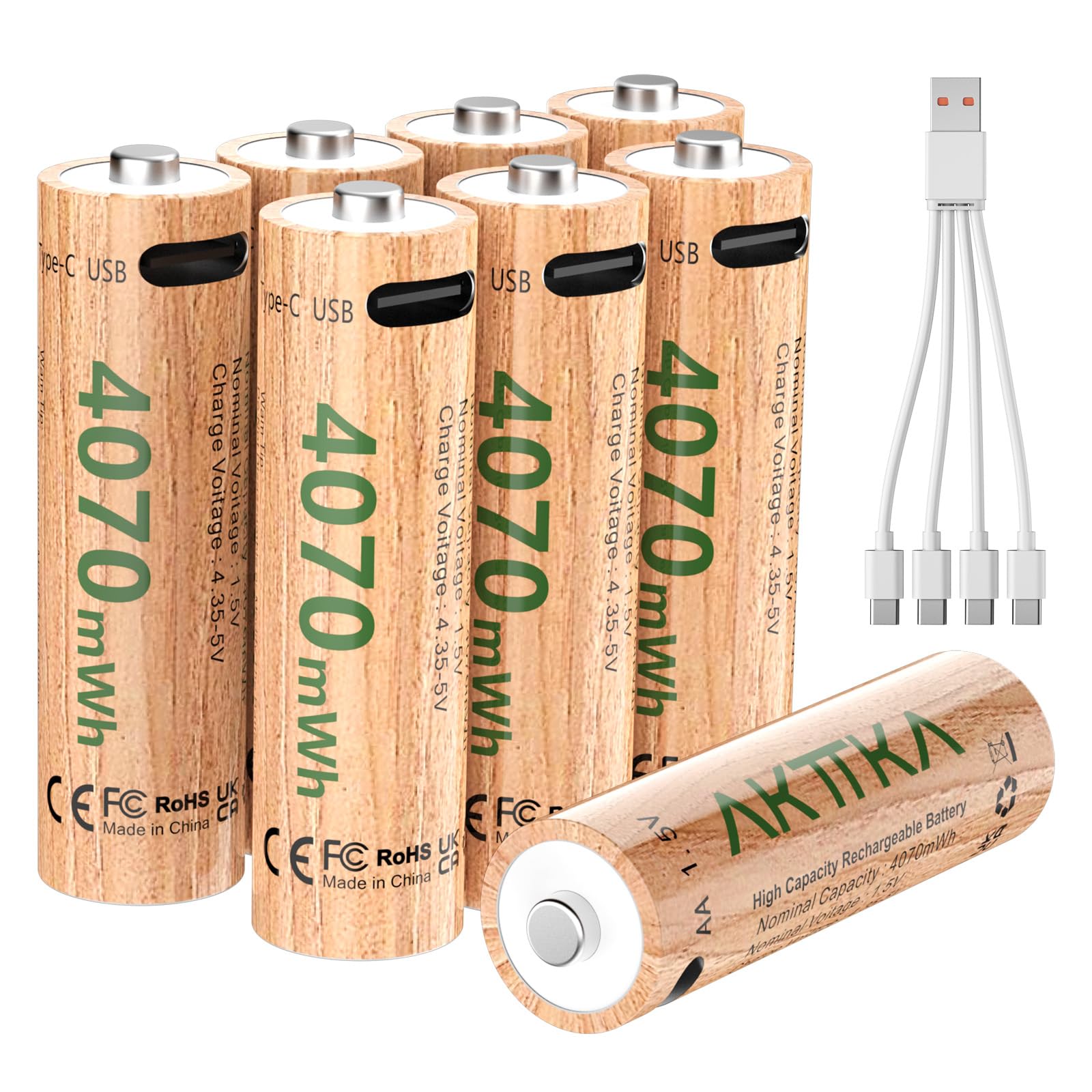 Set di 8 batterie al litio AA da 4070 mWh, 1,5 V, con cavo di ricarica USB‑C 5V/2A da 1 a 4, potenti prestazioni per controller di gioco, serrature intelligenti, telecamere di sorveglianza
