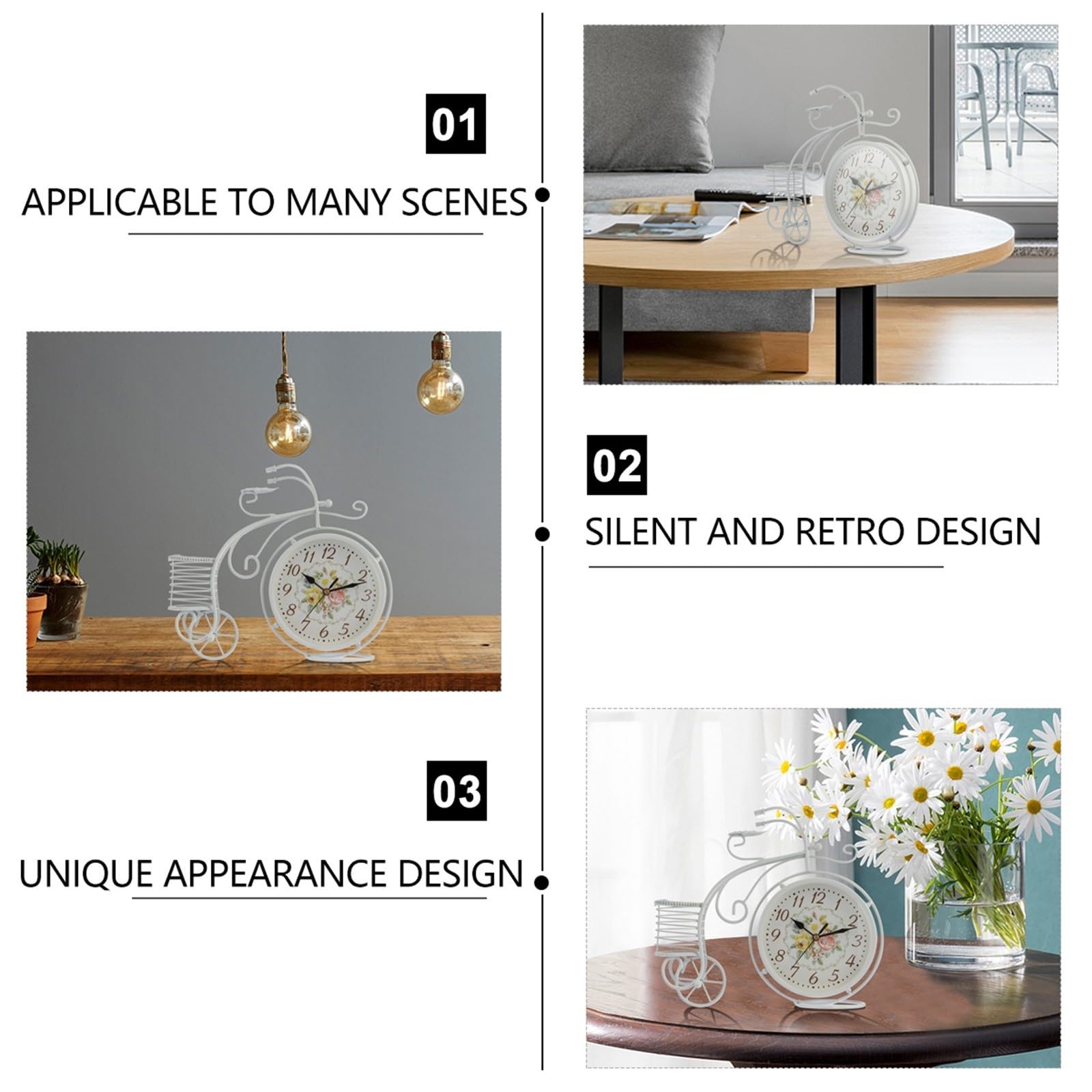 Gadpiparty Reloj de Mesa Decorativo Europeo Silencioso, Metal y PVC Blanco
