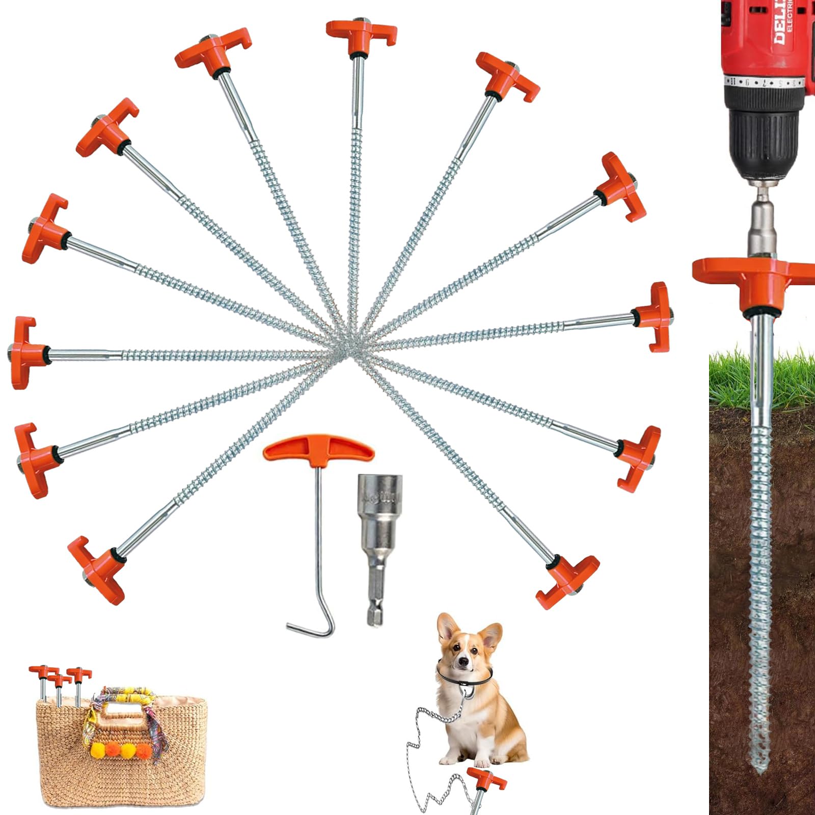 12 Pack Heavy Duty Metal Tent Pegs, Rotating Rock Pegs with Thread, Durable Steel Stakes, Includes Drill Adapter & Nail Puller, Ground Anchors for Garden, Camping, Tarpaulin, Hiking(Orange)