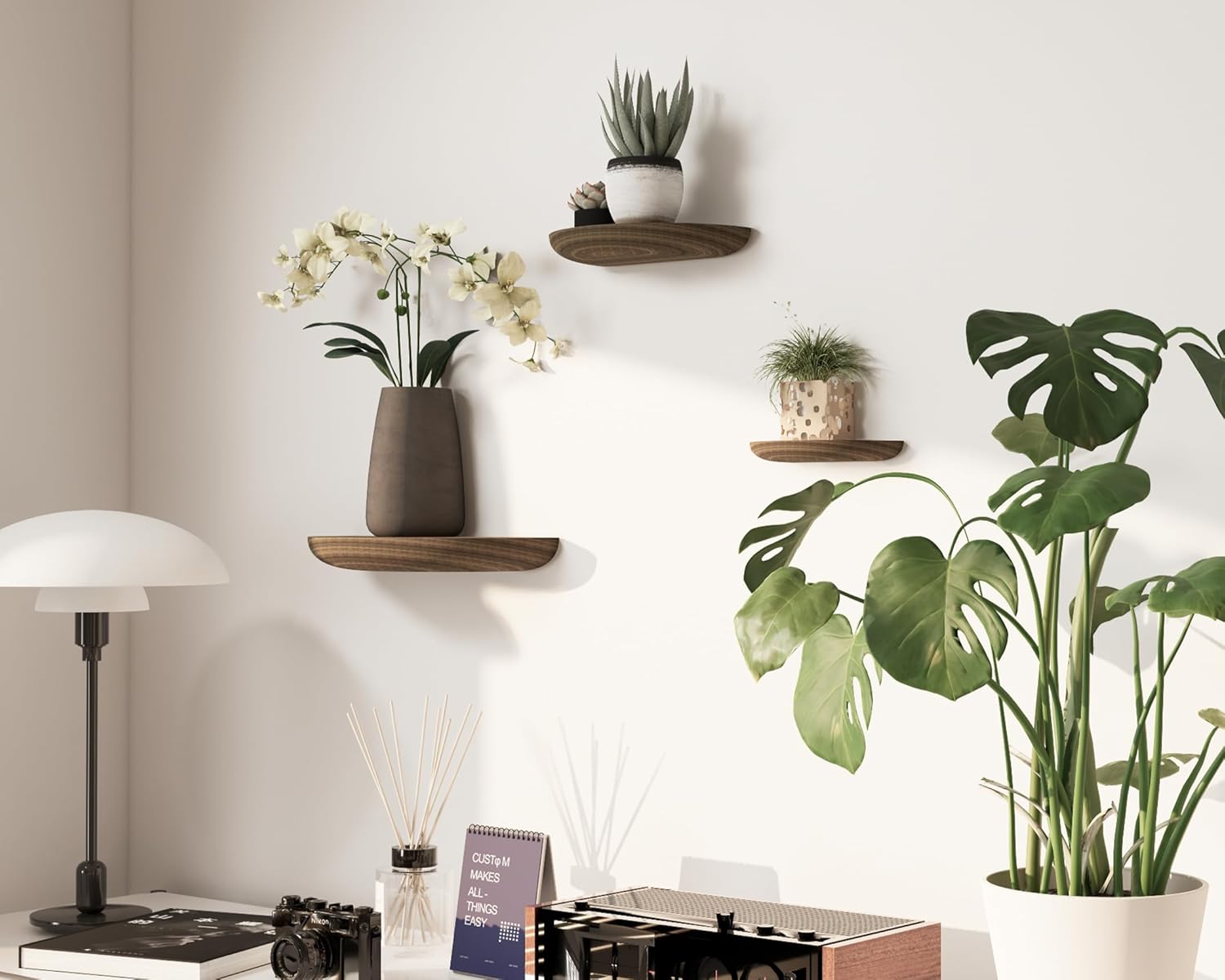 QsQueen Solid Wood Half Round Floating Wall Shelves | Elegant Floating Shelves, Elevate Your Space. Perfect for Living Rooms, Bathrooms, Bedrooms, Offices, Children's Rooms Brown