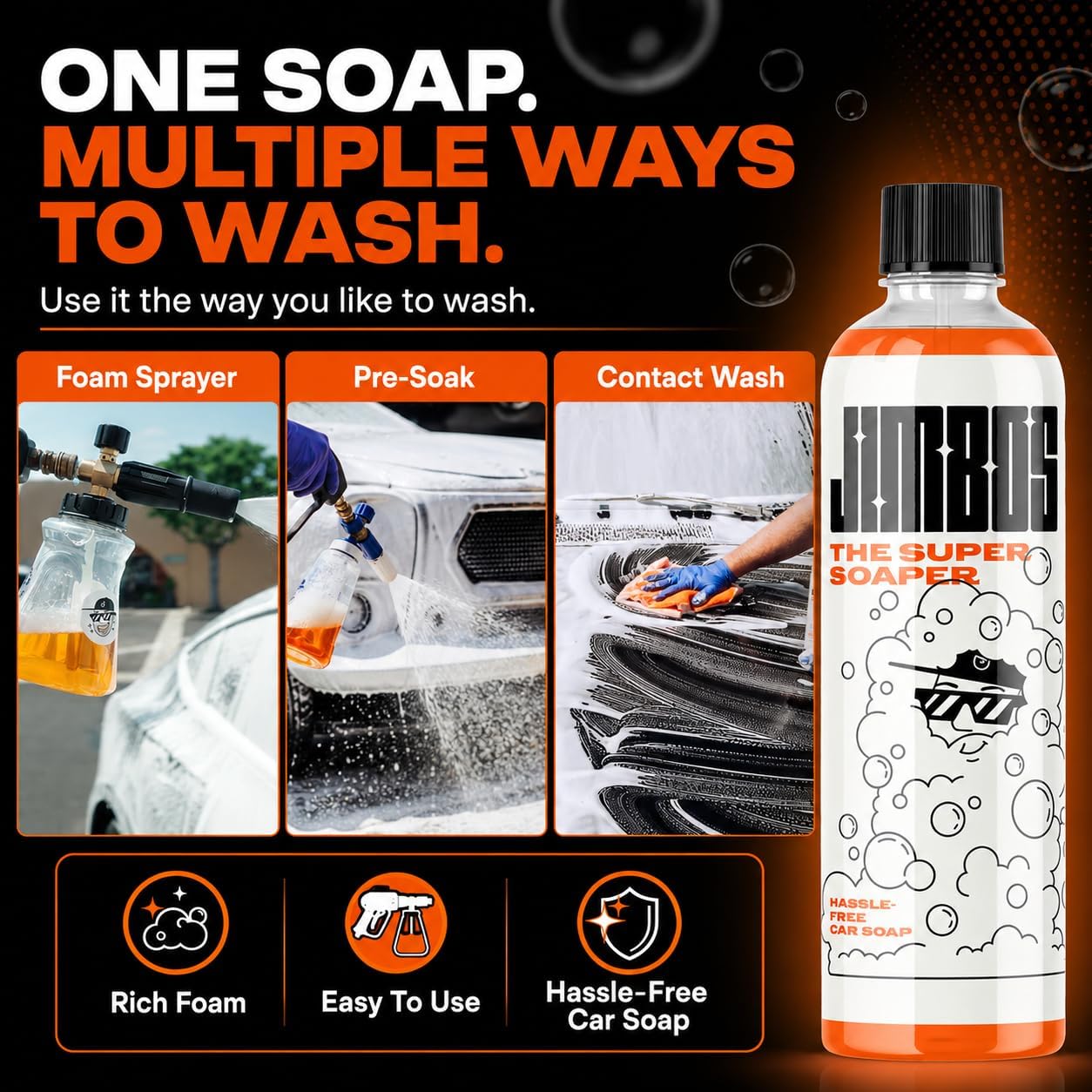 Jimbos SUPER SOAPER – Touchless Car Wash Soap Concentrate | High Foaming pH Neutral Car Shampoo for Foam Cannon, Pressure Washer & Rinseless Wash | Safe for Ceramic Coatings – 16 fl oz