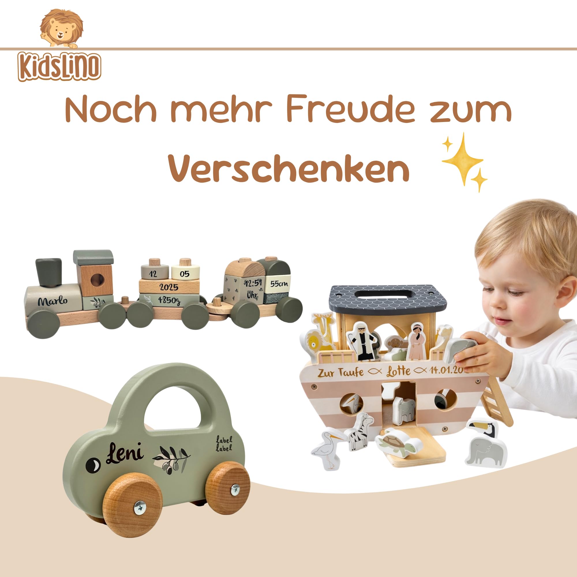 Personalisierbares Holz-Taufhaus Blau – fördert Feinmotorik & Vorstellungskraft – für Kinder ab 18 Monaten – personalisiert mit Namen und Taufdatum – Label Label