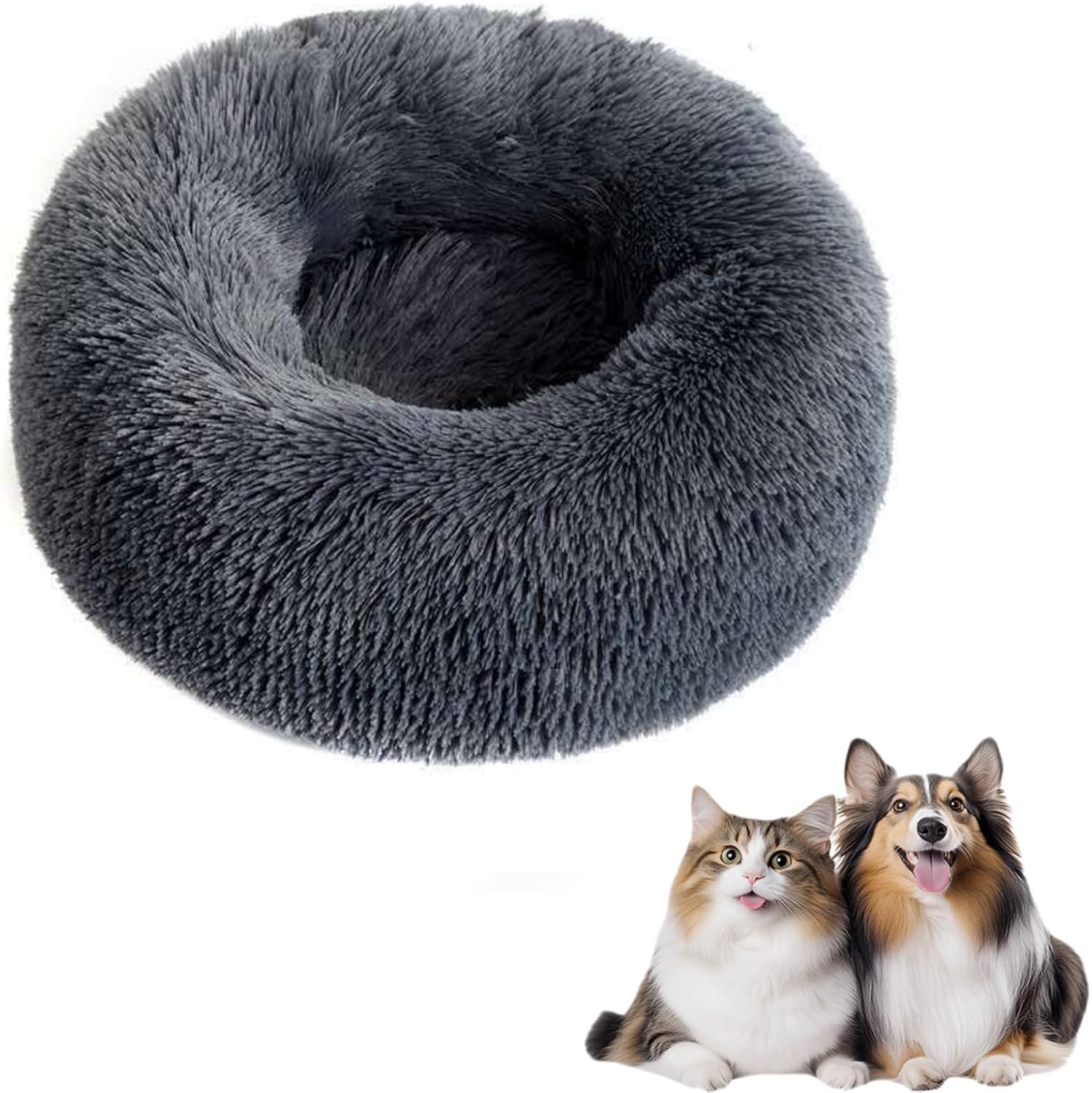 Zykphao Donut Dog Bed 50cm – Fluffy Plush Calming Pet Bed with Non-Slip Base for Puppies & Cats, Anti-Anxiety Round Cuddler (Dark Grey)