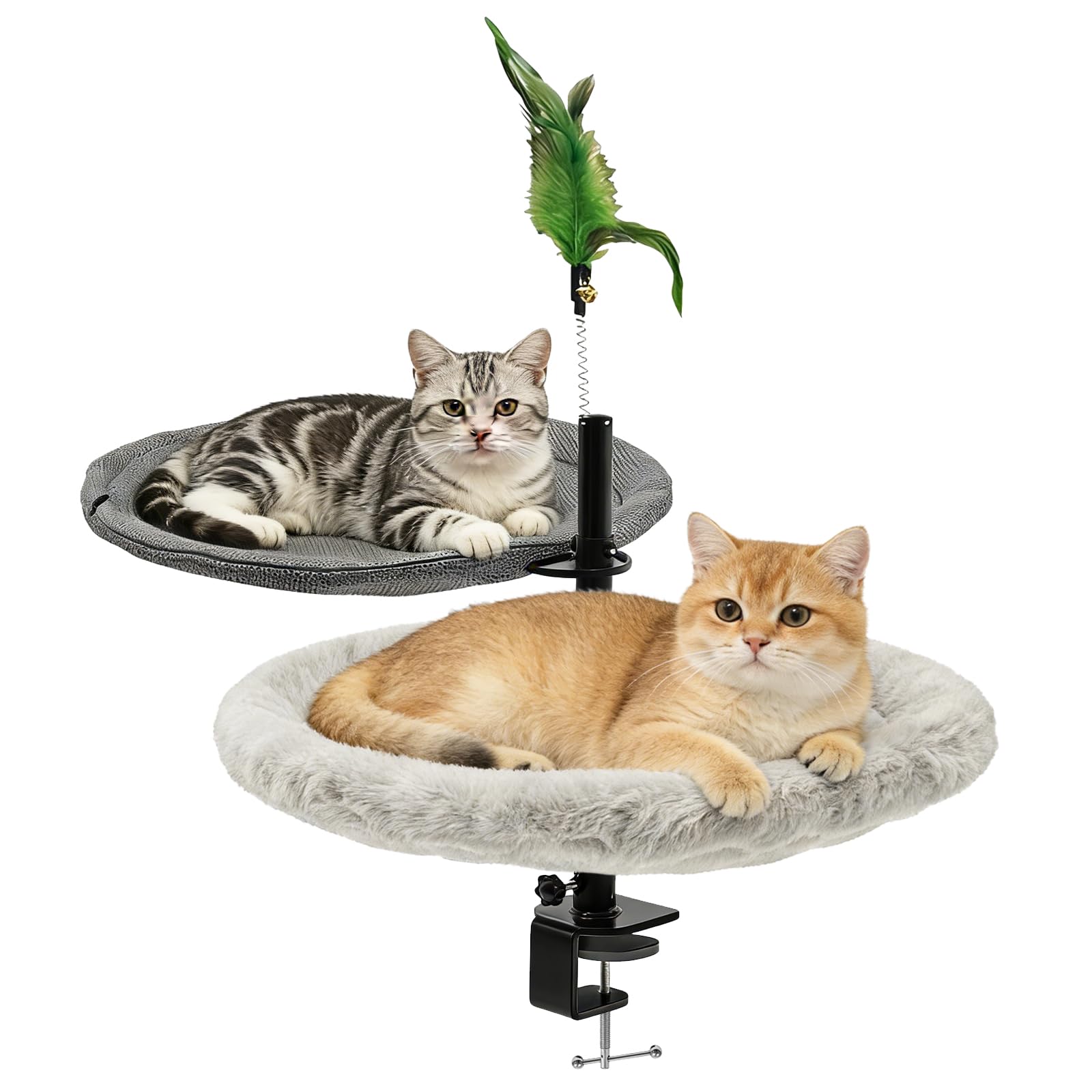 Doble Capa Camas para Gatos de Escritorio, con Barra de Resorte, Ajuste de Altura, Rotación de 360°, Capacidad de Carga hasta 20 kg, Hamaca Cómoda para Gatos, Ideal para Hogar y Espacios de Trabajo