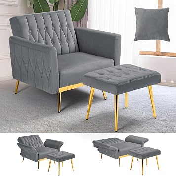 Velvet Accent Chair w/Ottoman & Adjustable Backrest, Grey | Button Tufted Lounge Chair w/Adjustable Armrests, Single Recliner Armchair w/Pillow for Living Room, Bedroom