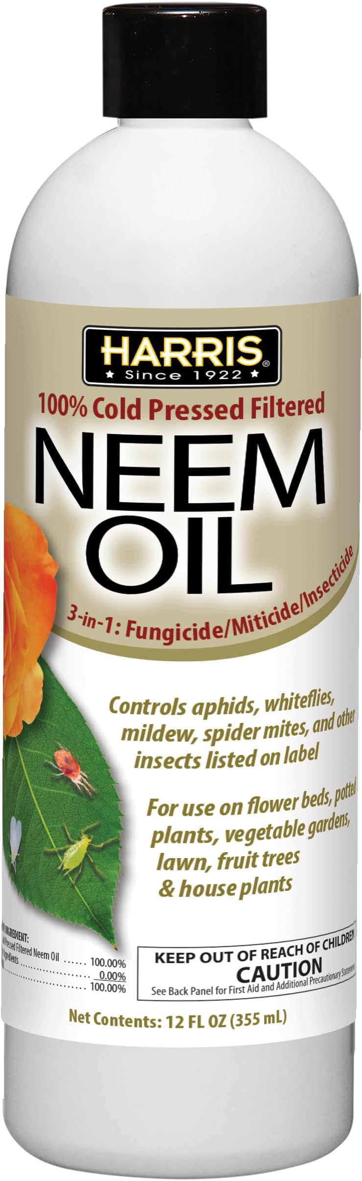 Harris Neem Oil, 100% Cold Pressed and Unrefined for Plants, Skin & Hair, 12oz Cosmetic Grade